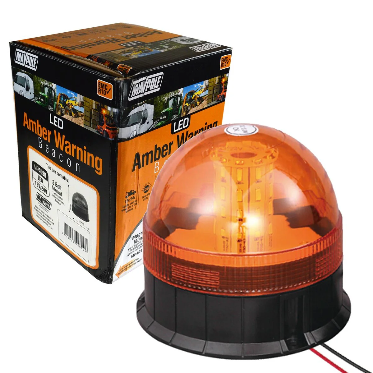 12v / 24v 3 Bolt Point Mount Fixing LED Flashing Amber Orange Warning Beacon