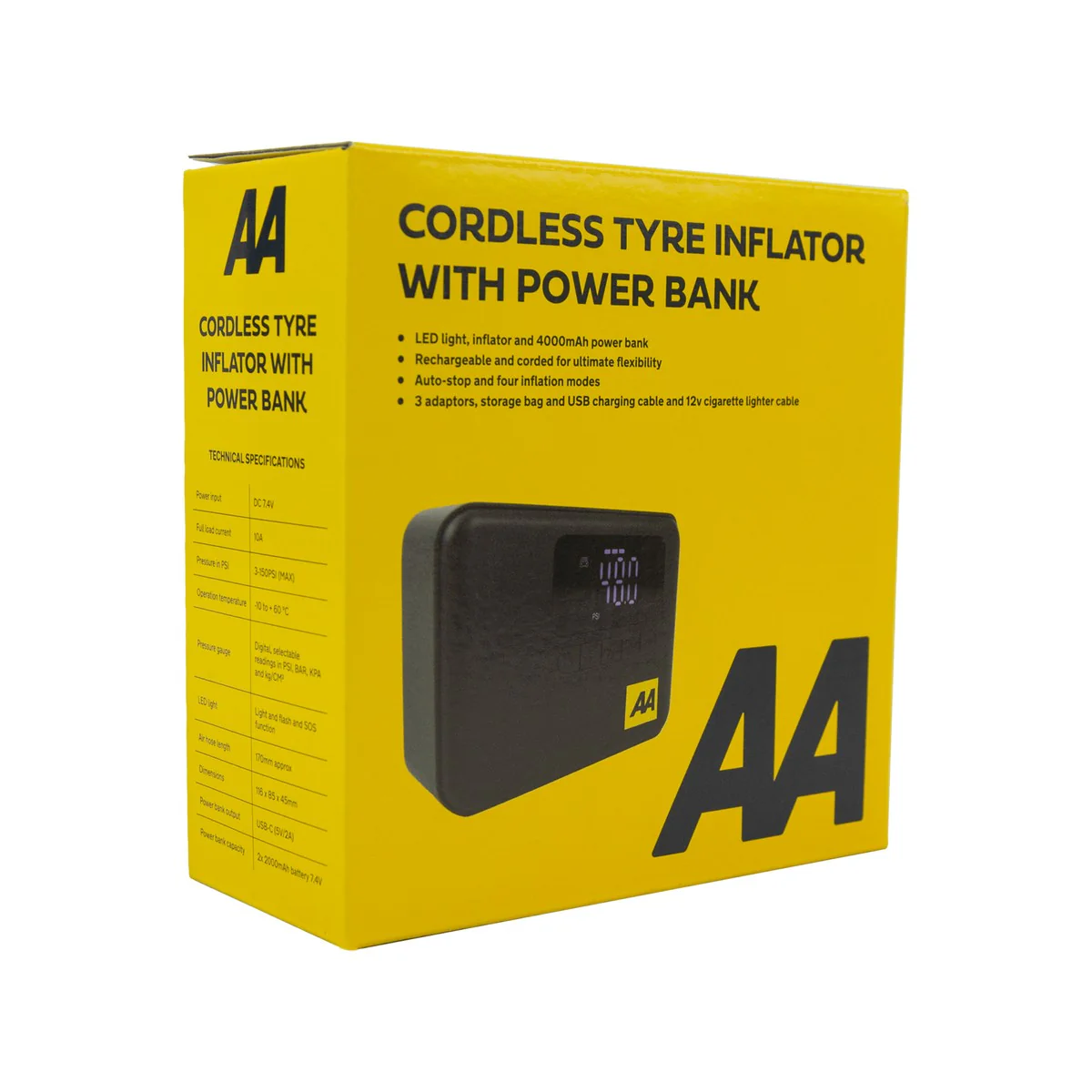 AA Cordless Rechargeable Tyre Inflator with Power Bank & LED Light - Image 2
