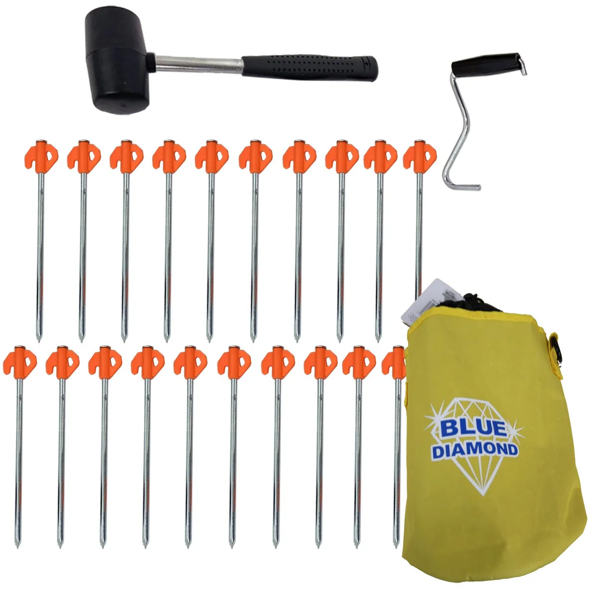 Blue Diamond Hard Ground 20 x Pegs Kit Orange Includes Storage Bag Mallet Puller