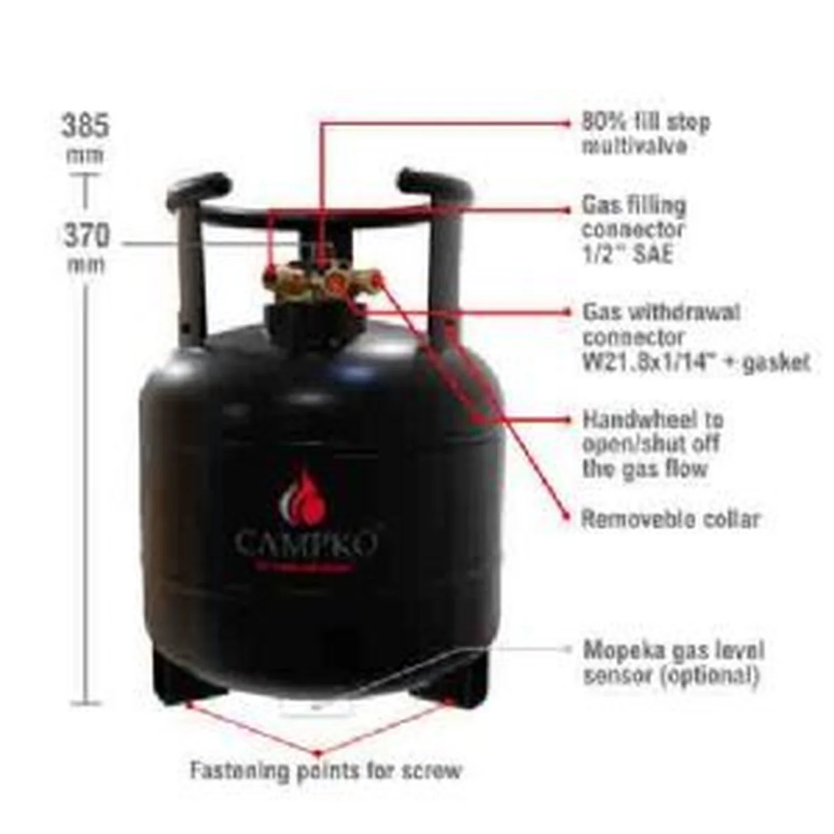 Campko Refillable Gas Bottle 15 Litres With 80% Multivalve 109666 - Image 2