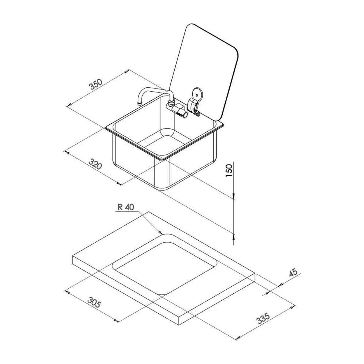 CAN Sink with Glass Lid & Tap 350 x 320mm - Image 2