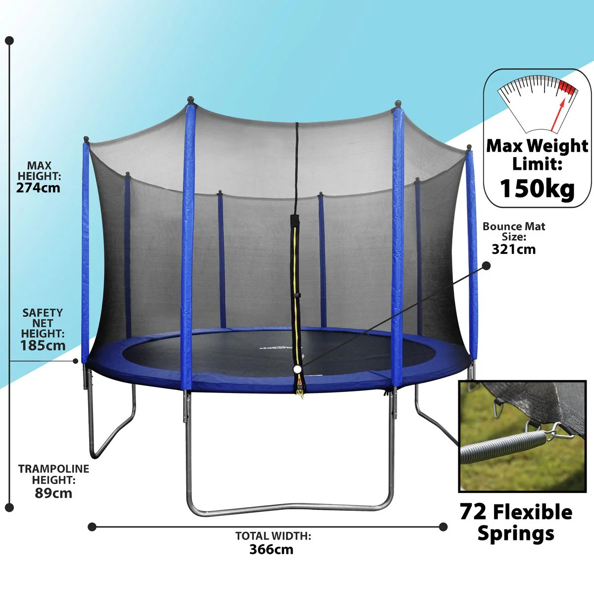 Dellonda 12ft Heavy-Duty Outdoor Trampoline with Safety Enclosure Net - Image 8
