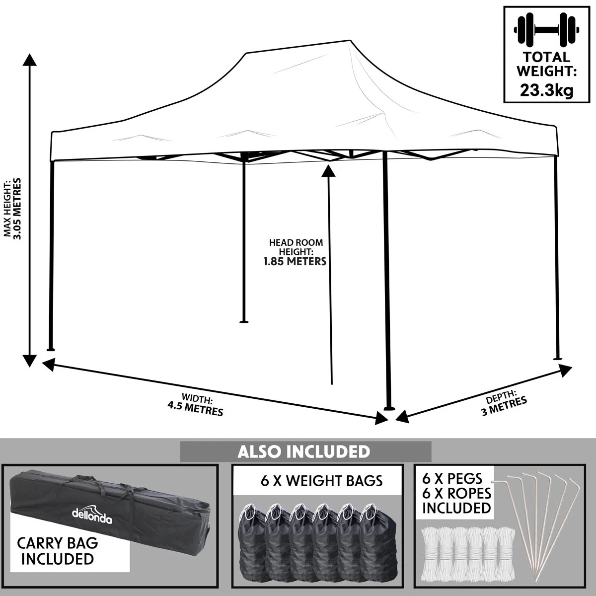 Dellonda 3 x 4.5m Pop-Up Gazebo Heavy Duty Carry Bag Rope Stakes & Weight Blue - Image 8