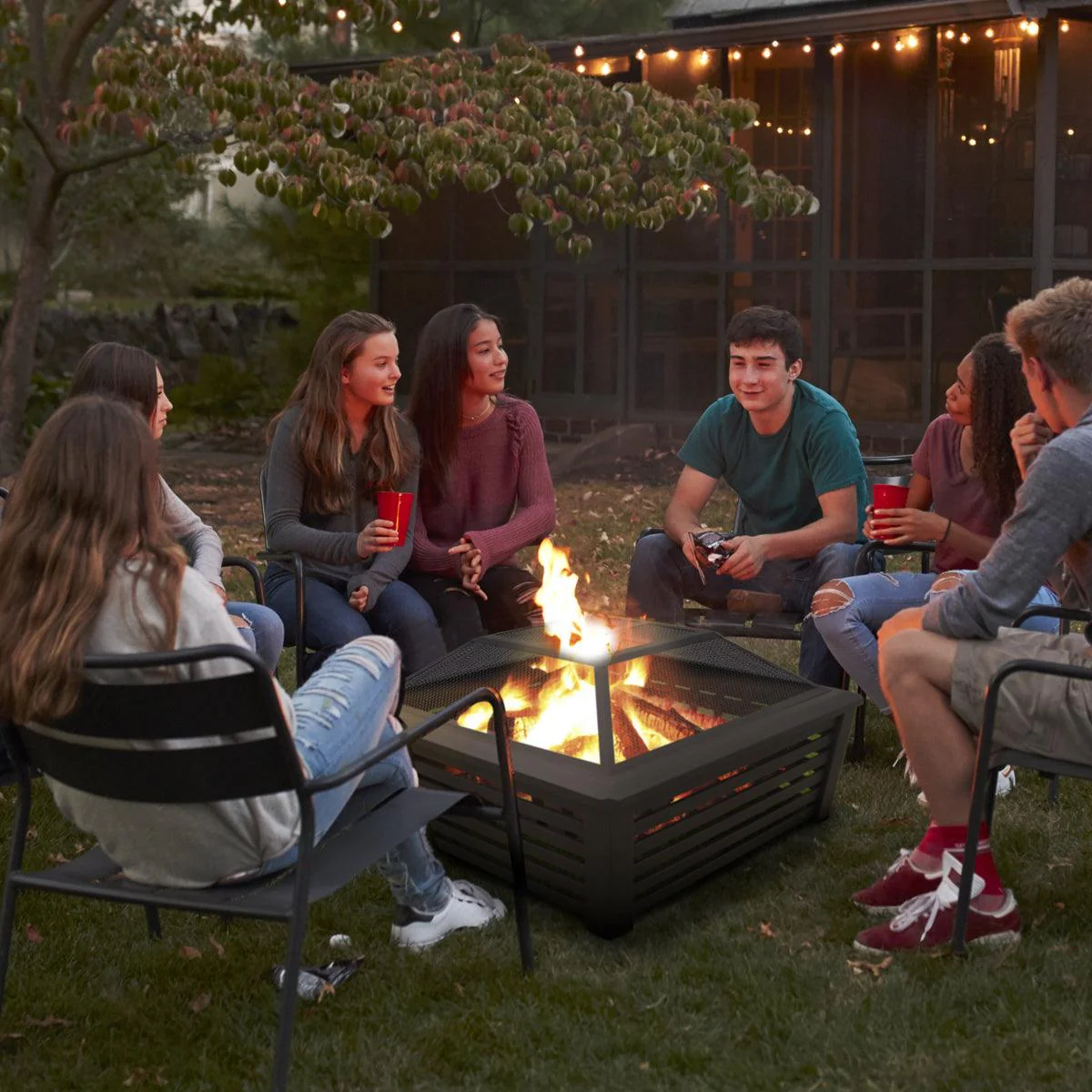 Dellonda 35" Square Outdoor Fire Pit Black - Image 5