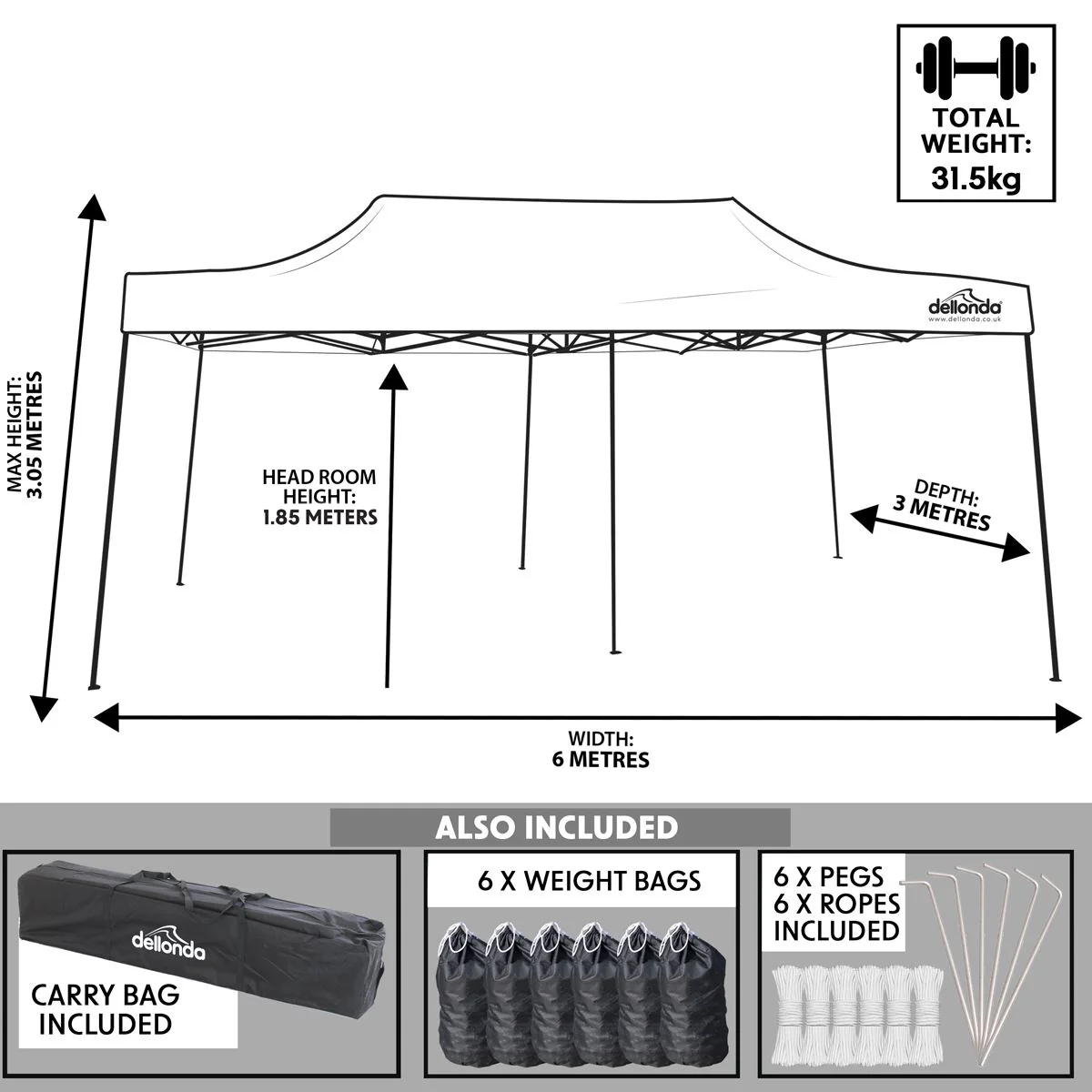 Dellonda 3x6m Pop-Up Gazebo Heavy Duty Carry Bag Rope Stakes & Weight Grey - Image 11