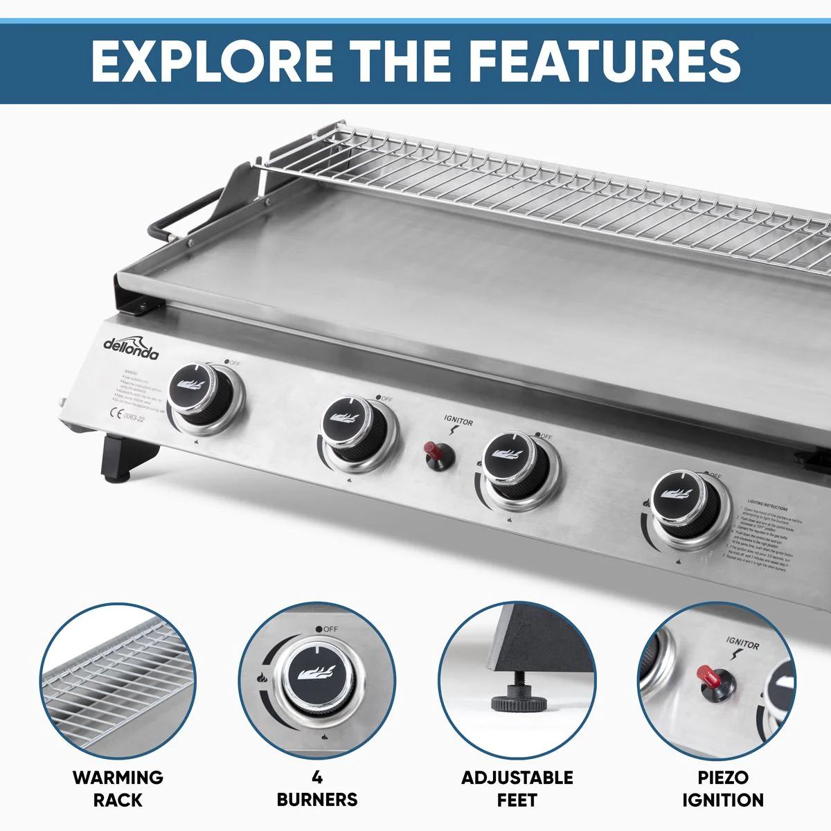 Dellonda 4 Burner Stainless Steel Portable Gas Plancha with Warming Rack 10kW - Image 17