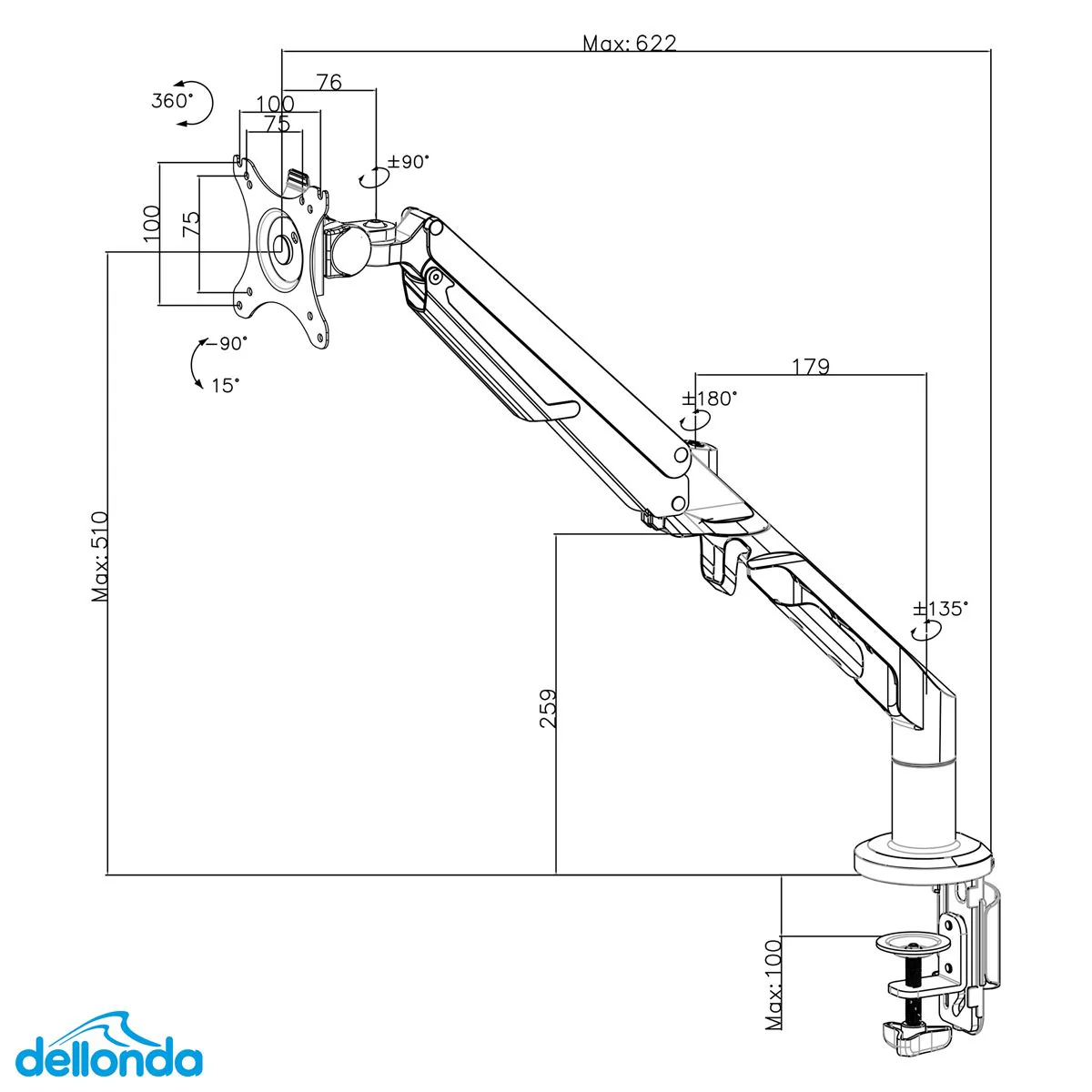 Dellonda Adjustable Single Monitor Arm with 360 Rotation - White DH26 - Image 10