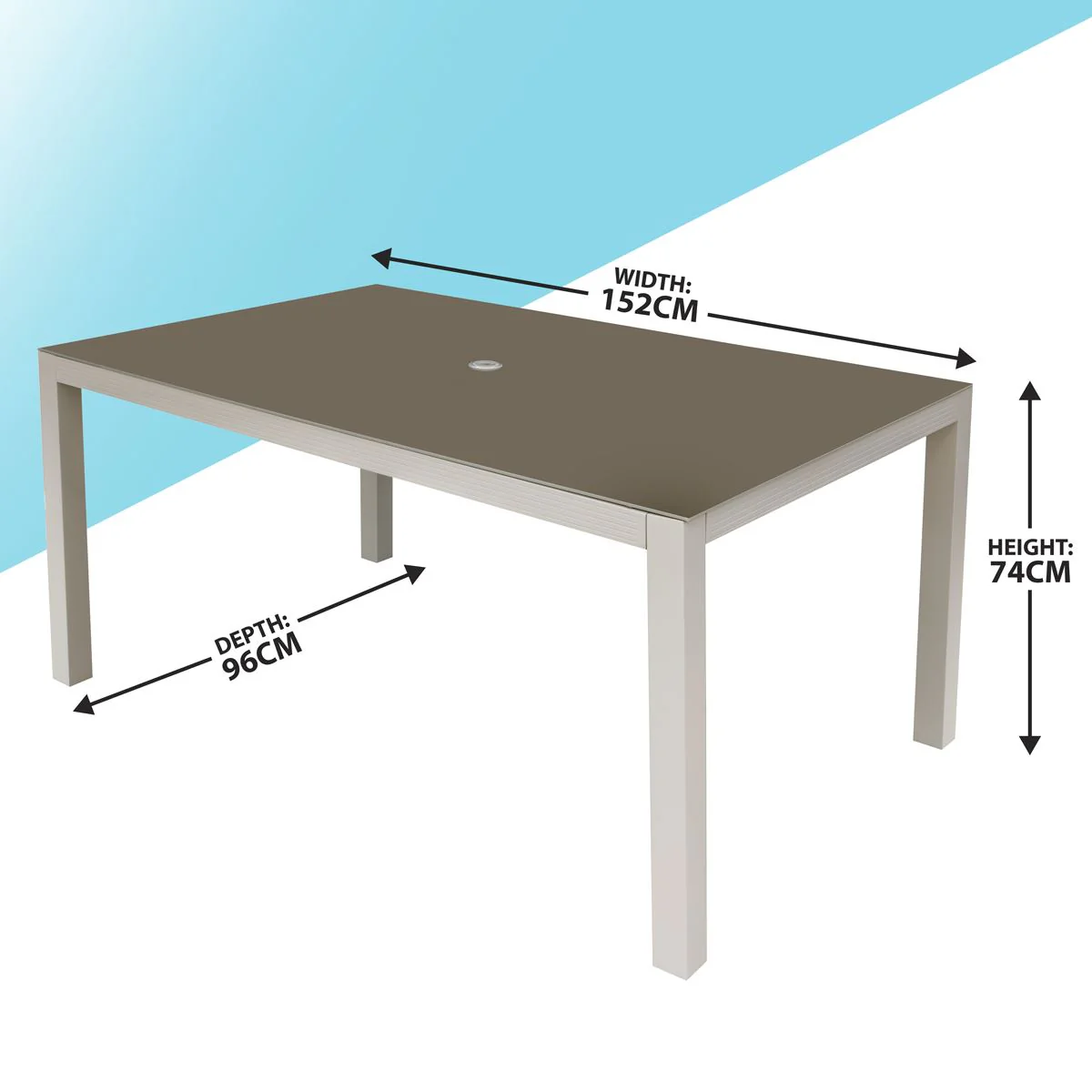 Dellonda Aluminium Garden Dining Table with Tempered Glass & Parasol Hole - Image 7