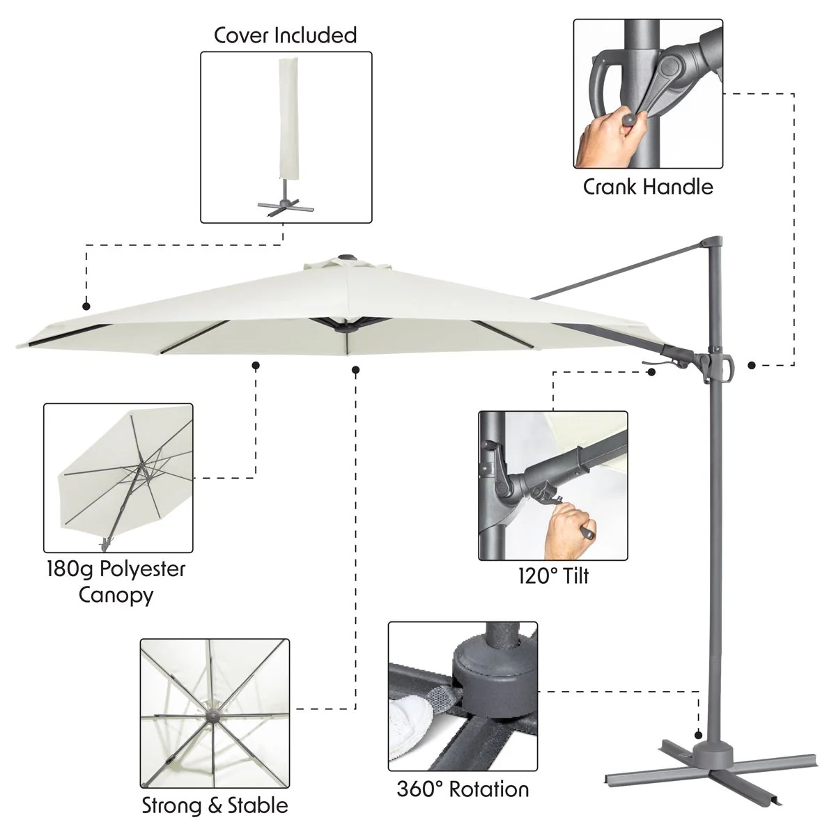Dellonda Cantilever Parasol with 360 Rotation, Tilt & Cover 3m - Cream - Image 3