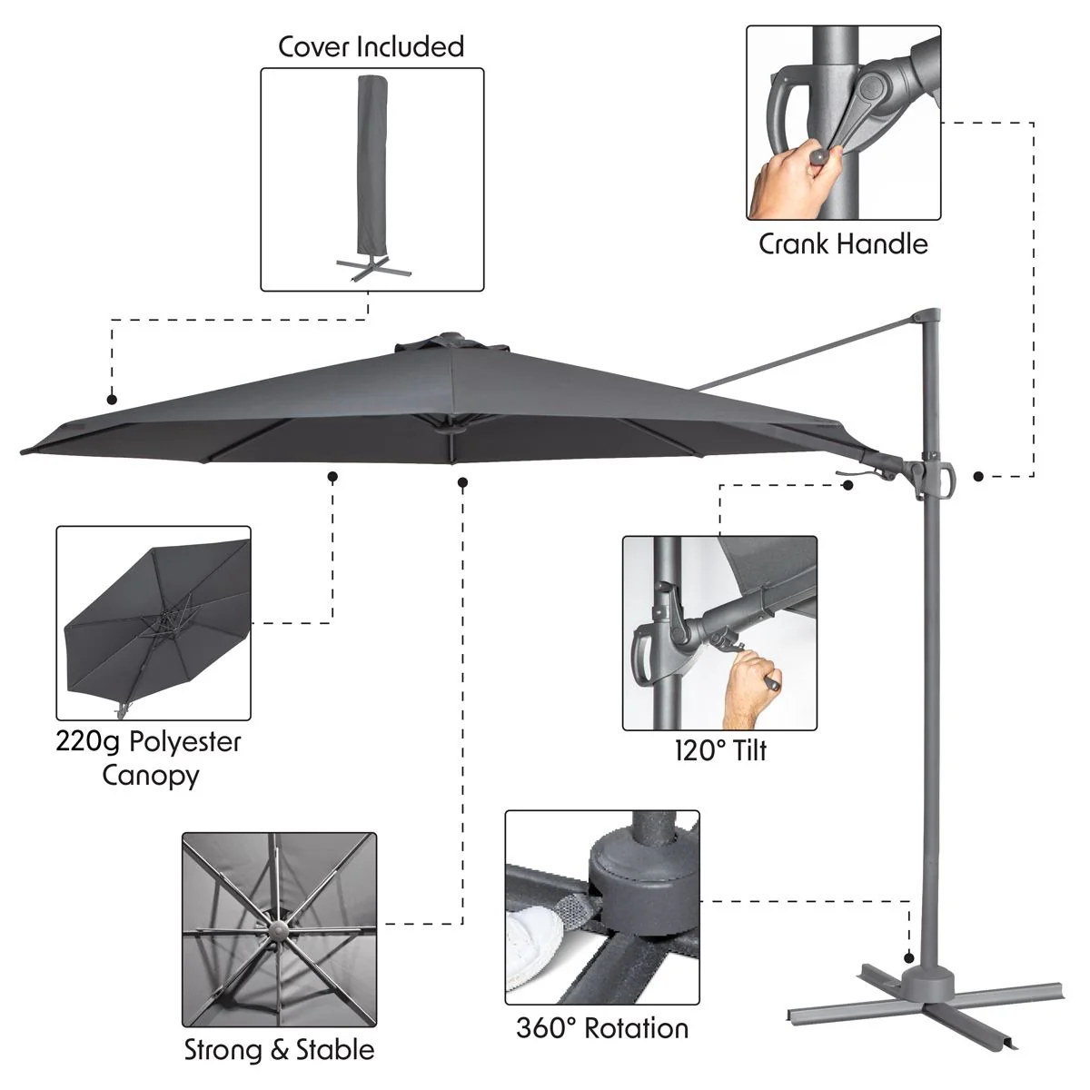 Dellonda Cantilever Parasol with 360 Rotation, Tilt & Cover 3m - Grey - Image 21