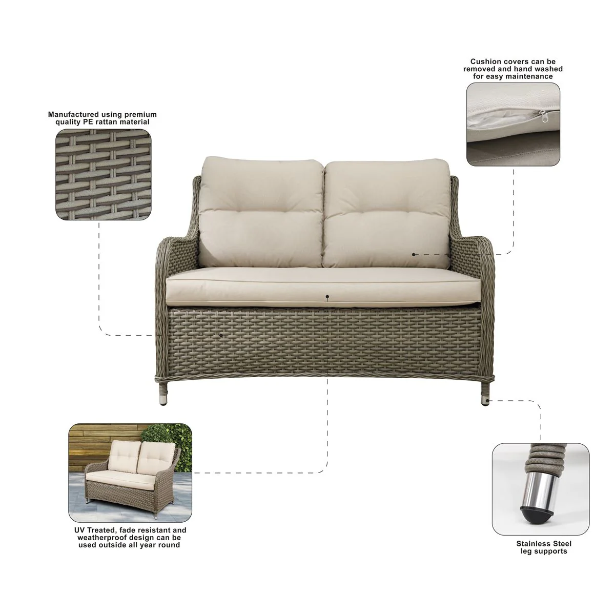 Dellonda Chester Rattan Wicker Outdoor 2-Seater Sofa DG70 - Image 6