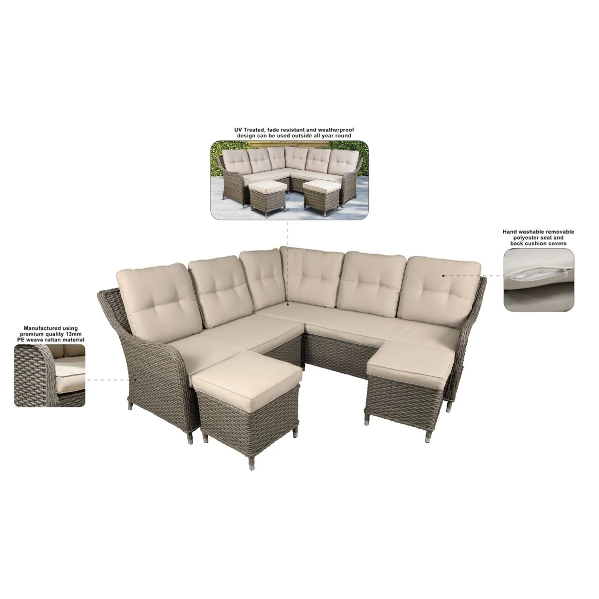 Dellonda Chester Rattan Wicker Outdoor 5-Seater Corner Sofa Set 4pc - Image 6