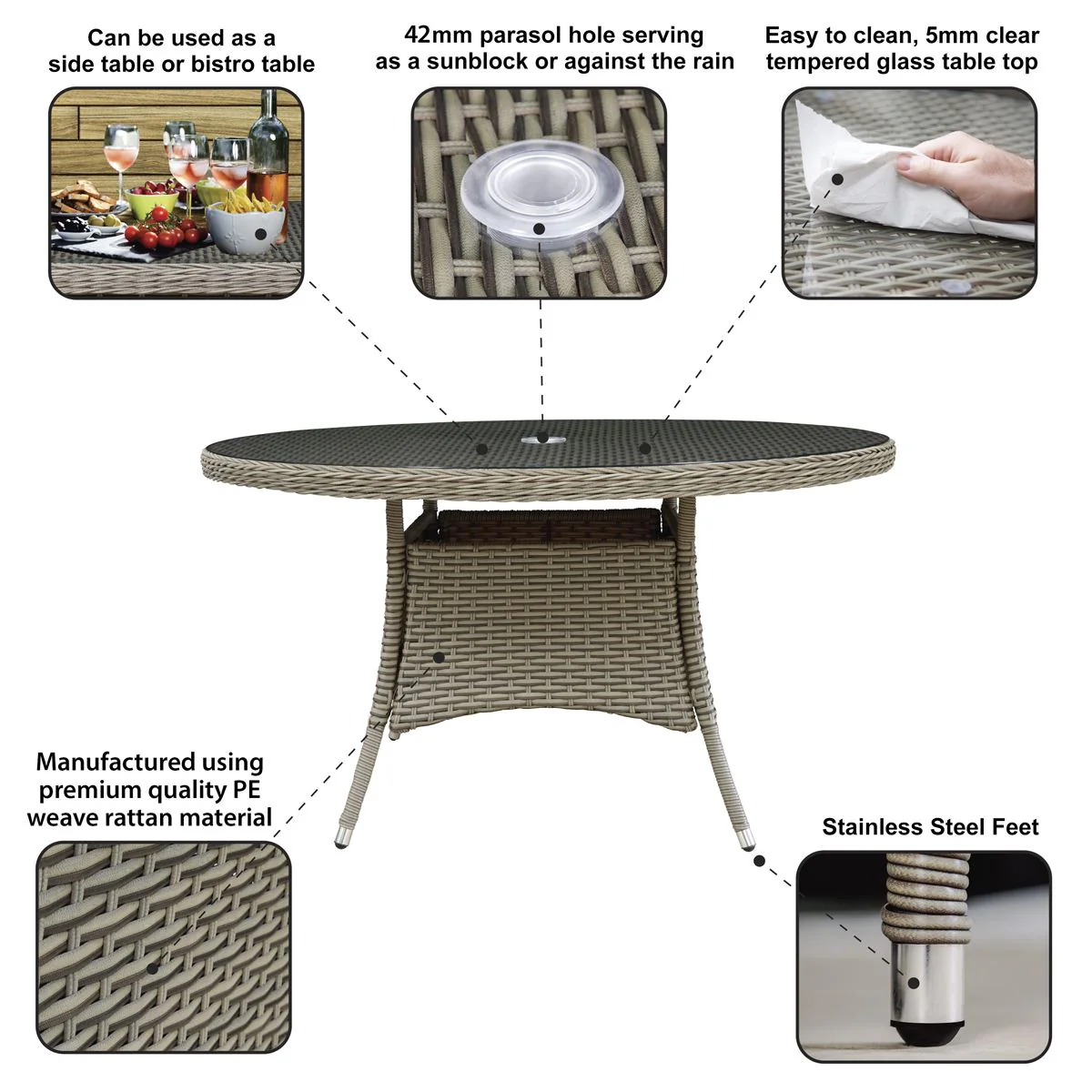 Dellonda Chester Rattan Wicker Round Outdoor Dining Table Tempered Glass Top - Image 7