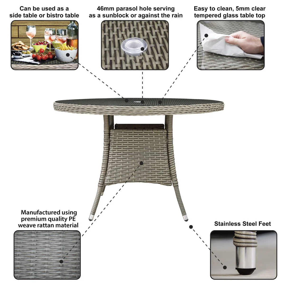 Dellonda Chester Rattan Wicker Round Outdoor Dining Table Tempered Glass Top - Image 6
