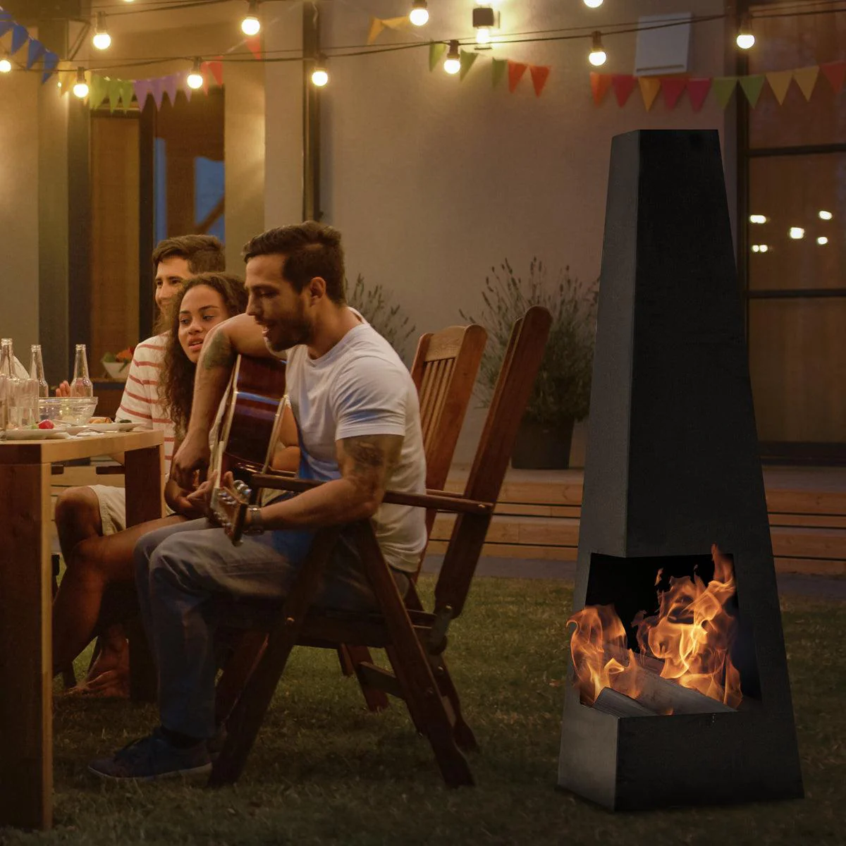 Dellonda Chiminea Wood Burner Heater for Outdoors W45cm x H150cm - Black Steel - Image 2