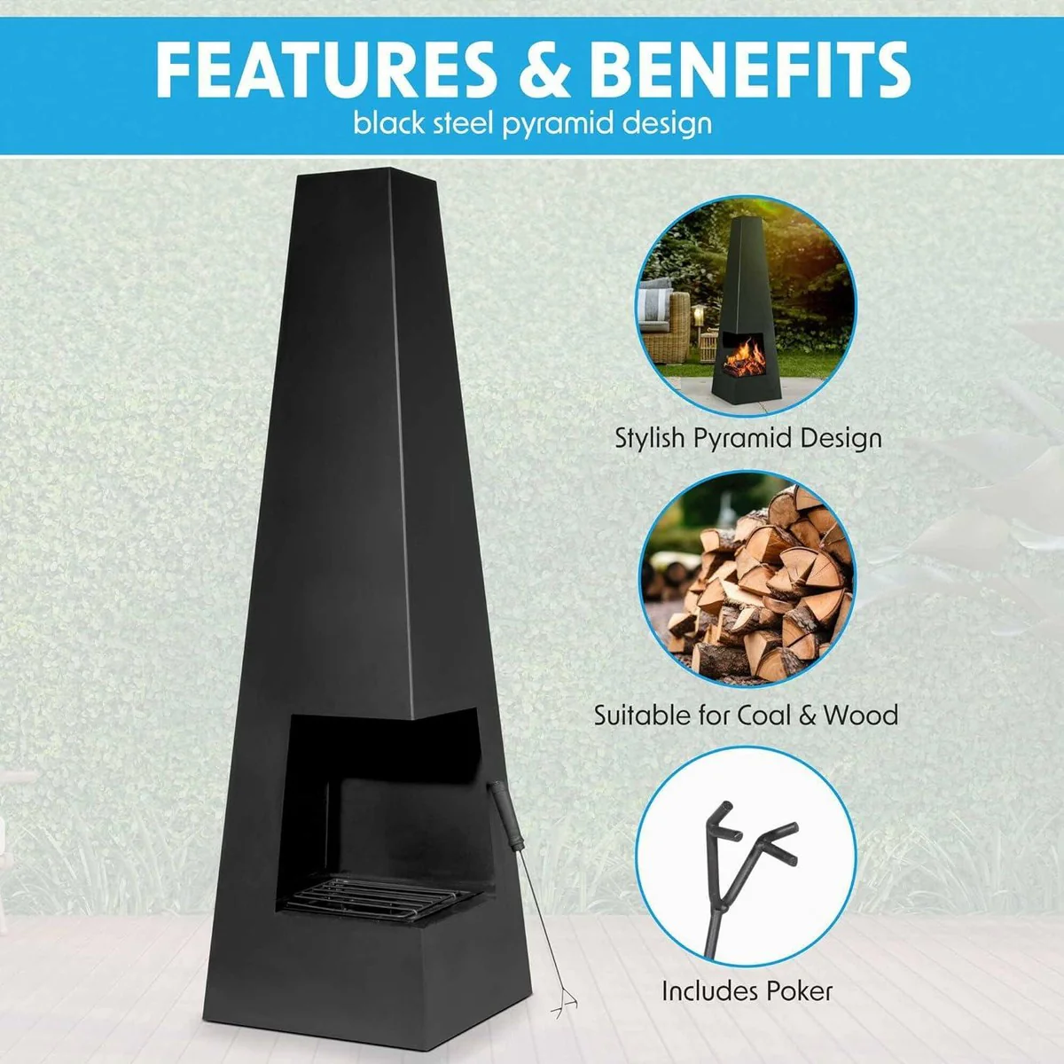 Dellonda Chiminea Wood Burner Heater for Outdoors W45cm x H150cm - Black Steel - Image 5