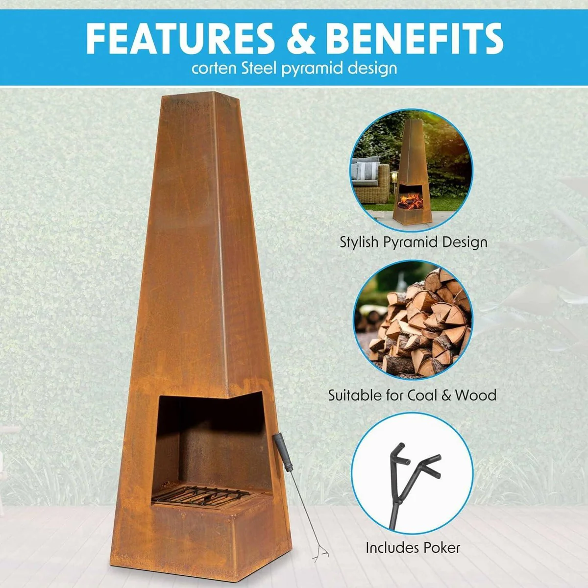 Dellonda Chiminea Wood Burner Heater for Outdoors W45cm x H150cm Corten Steel - Image 6