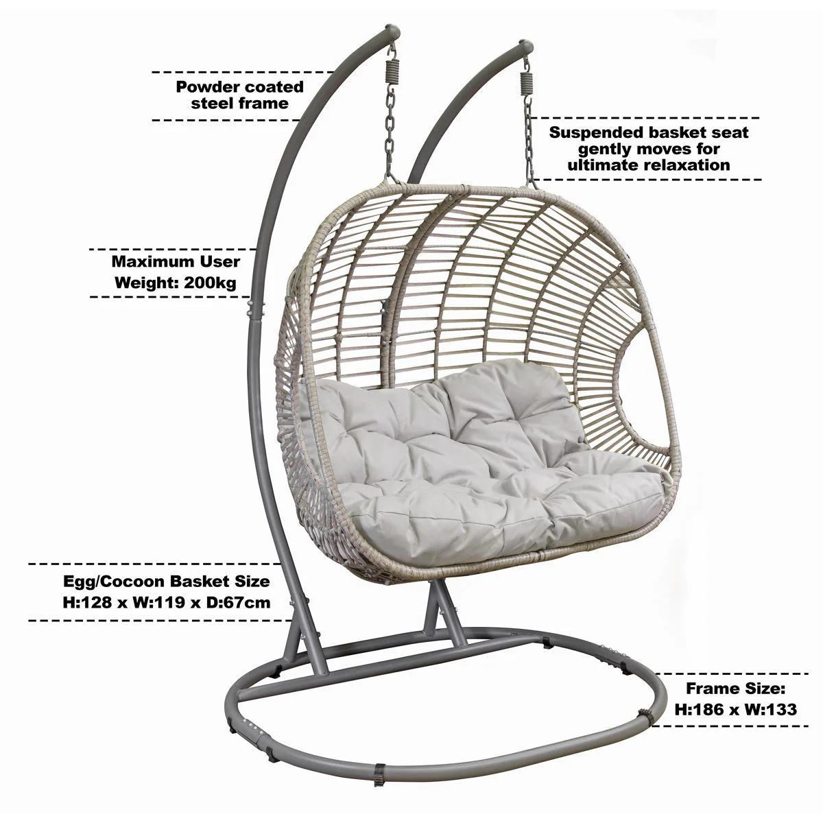 Dellonda Double Swinging Egg Chair with Cushion DG61 - Image 9