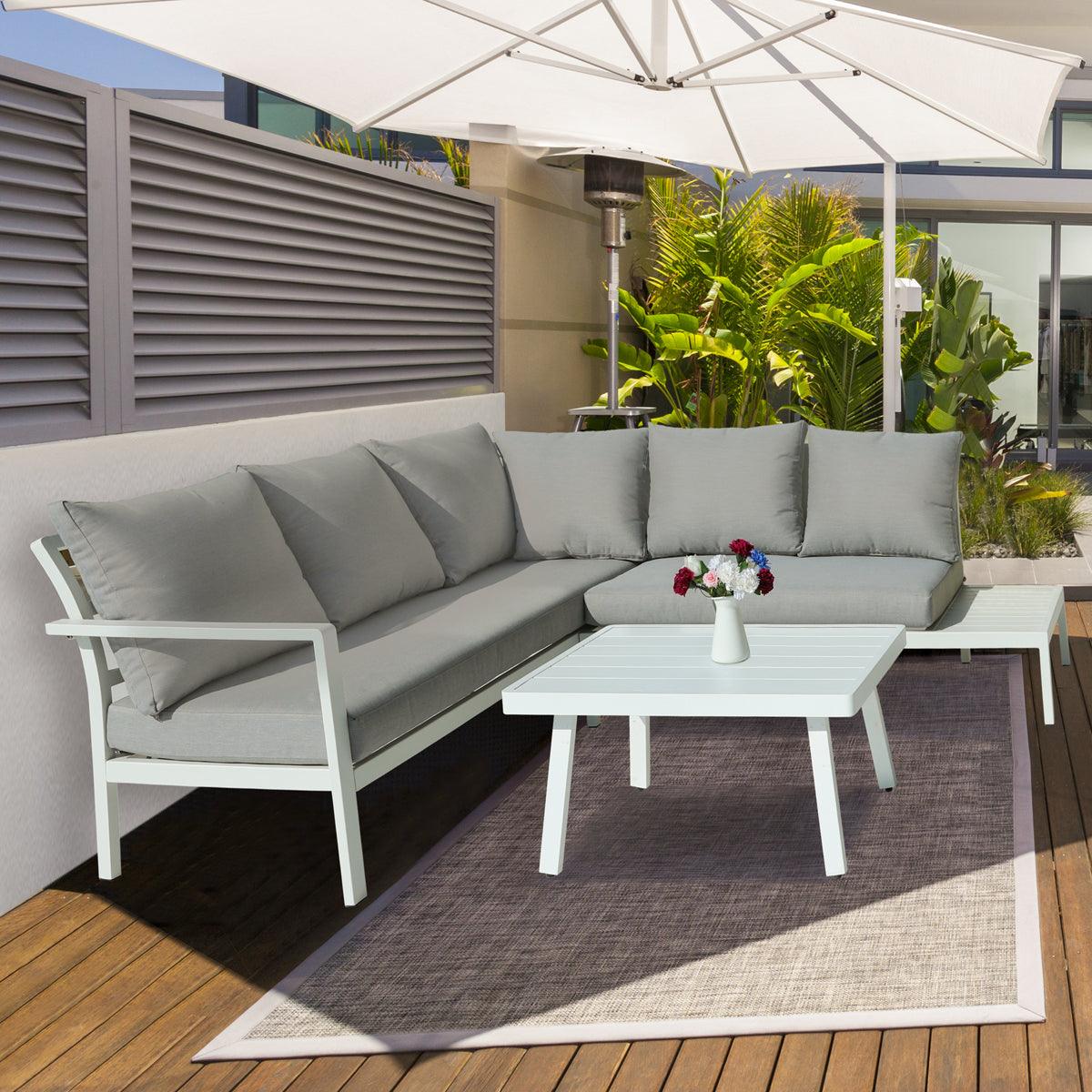 Dellonda Kyoto White 3 Piece Outdoor Garden Corner Sofa & Coffee Table Set - Image 3