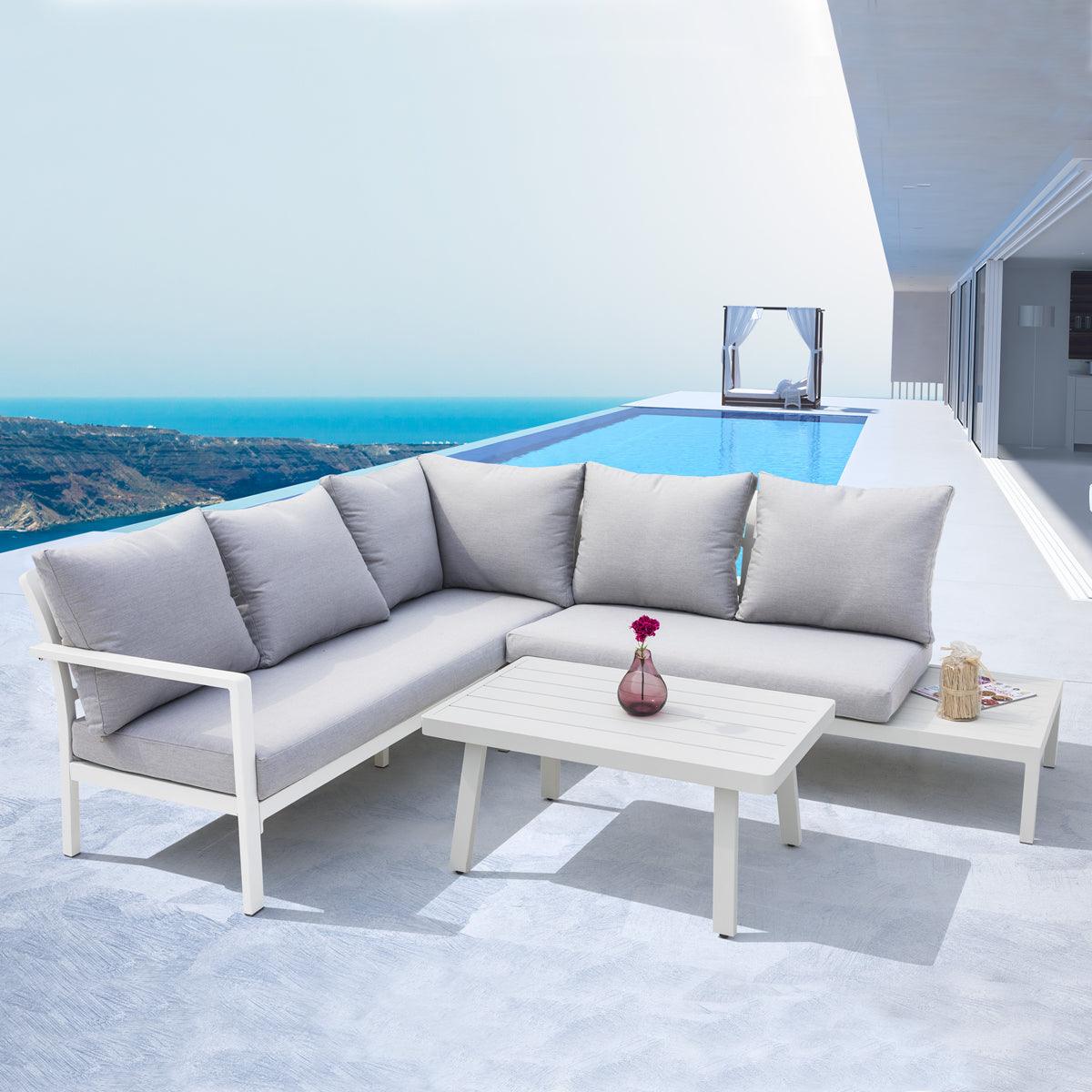 Dellonda Kyoto White 3 Piece Outdoor Garden Corner Sofa & Coffee Table Set - Image 6