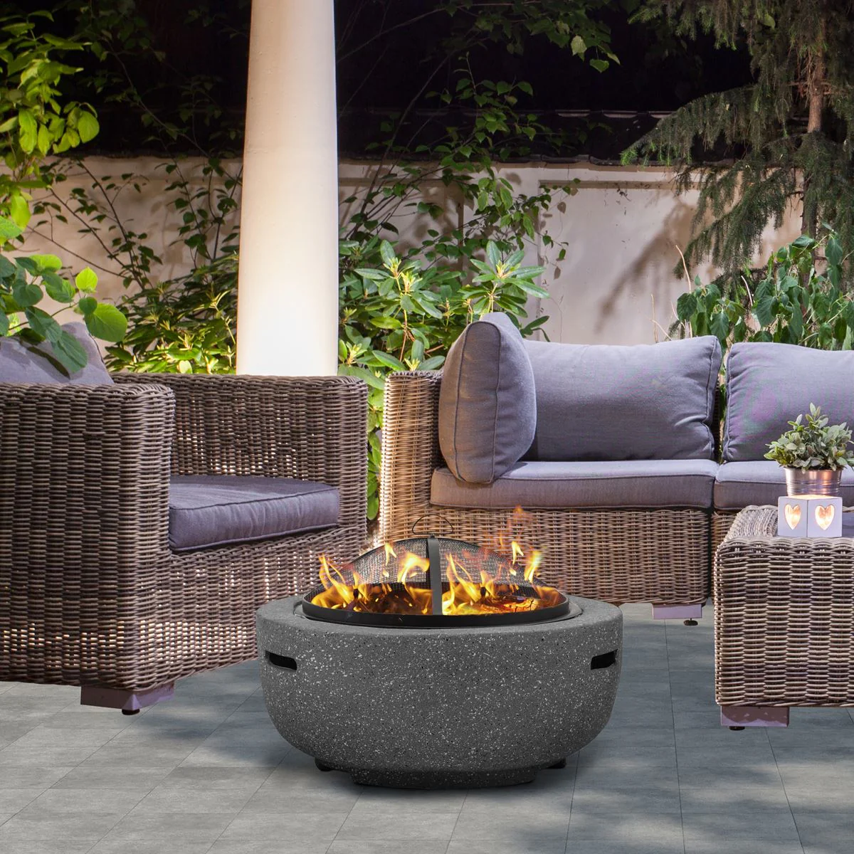 Dellonda Round MgO Fire Pit with BBQ Grill Ø60cm Safety Mesh Screen - Dark Grey - Image 11