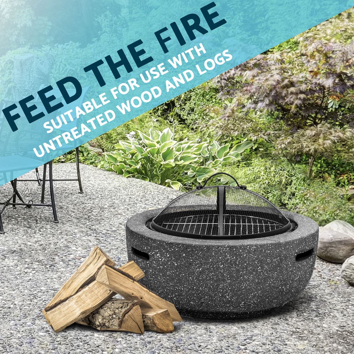 Dellonda Round MgO Fire Pit with BBQ Grill Ø60cm Safety Mesh Screen - Dark Grey - Image 12