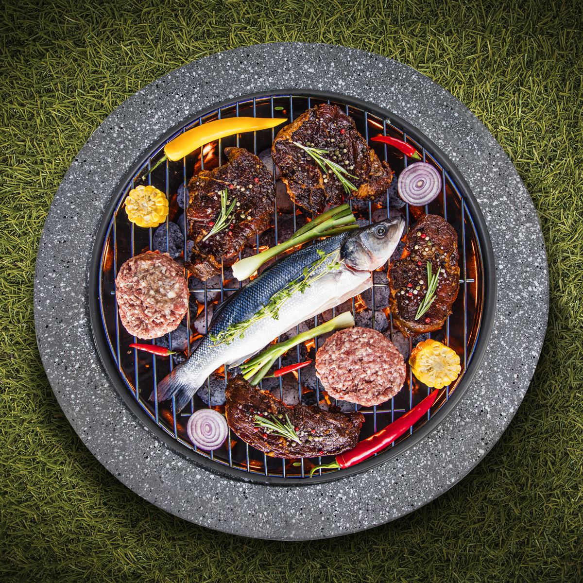 Dellonda Round MgO Fire Pit with BBQ Grill Ø60cm Safety Mesh Screen - Dark Grey - Image 3