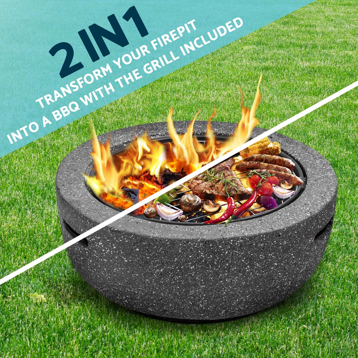 Dellonda Round MgO Fire Pit with BBQ Grill Ø60cm Safety Mesh Screen - Dark Grey - Image 7