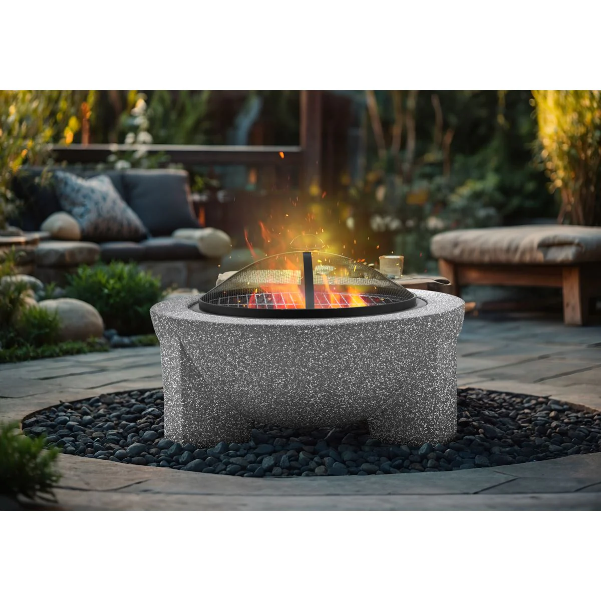 Dellonda Round MgO Fire Pit with BBQ Grill Ø75cm Safety Mesh Screen - Light Grey - Image 8