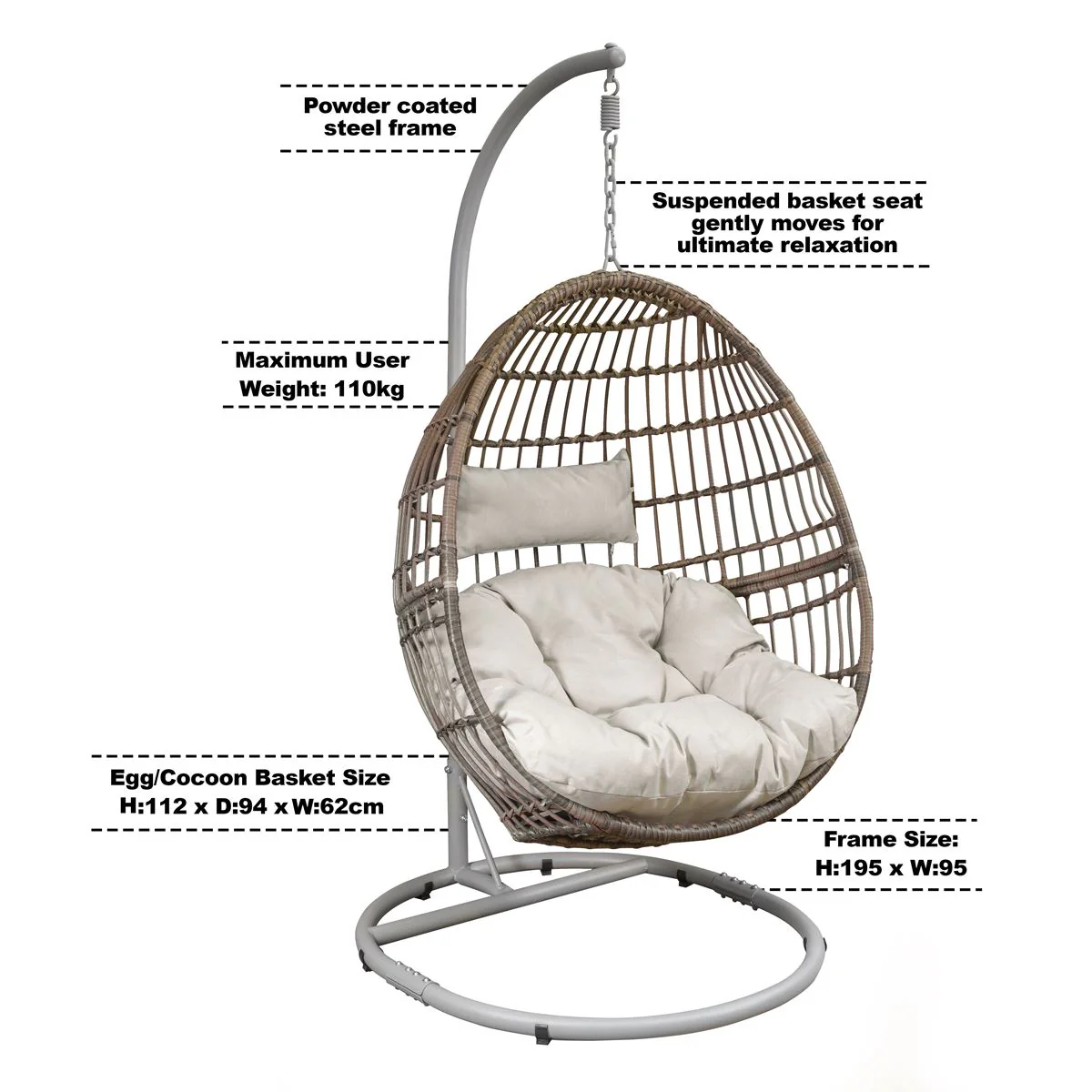Dellonda Single Swinging Egg Chair with Cushion DG60 - Image 7