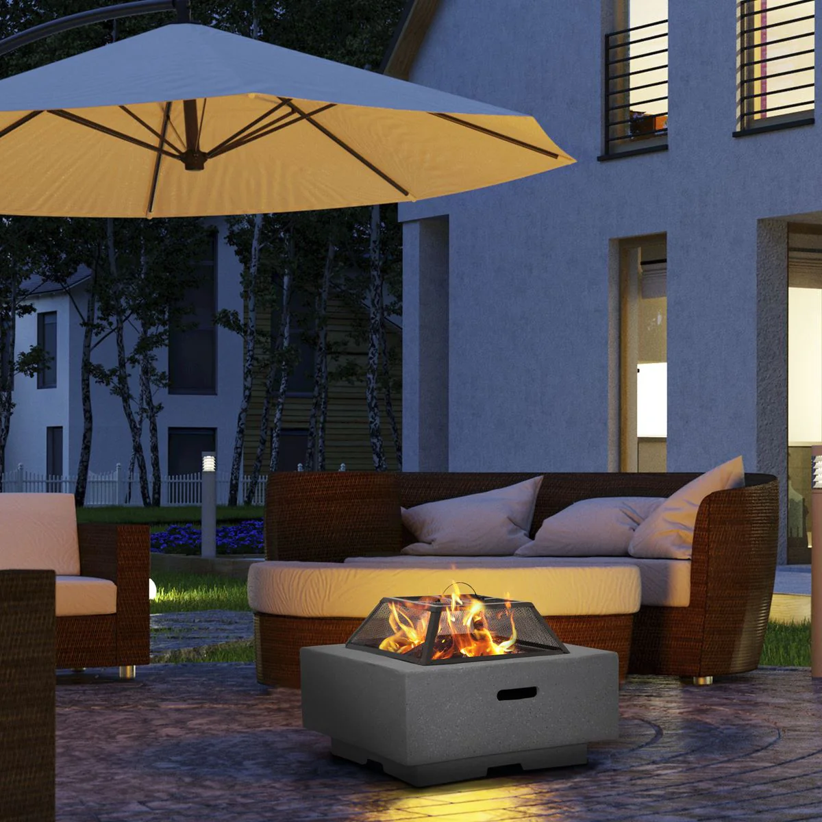 Dellonda Square Fire Pit with BBQ Grill Safety Mesh Screen Fire Poker Dark Grey - Image 4