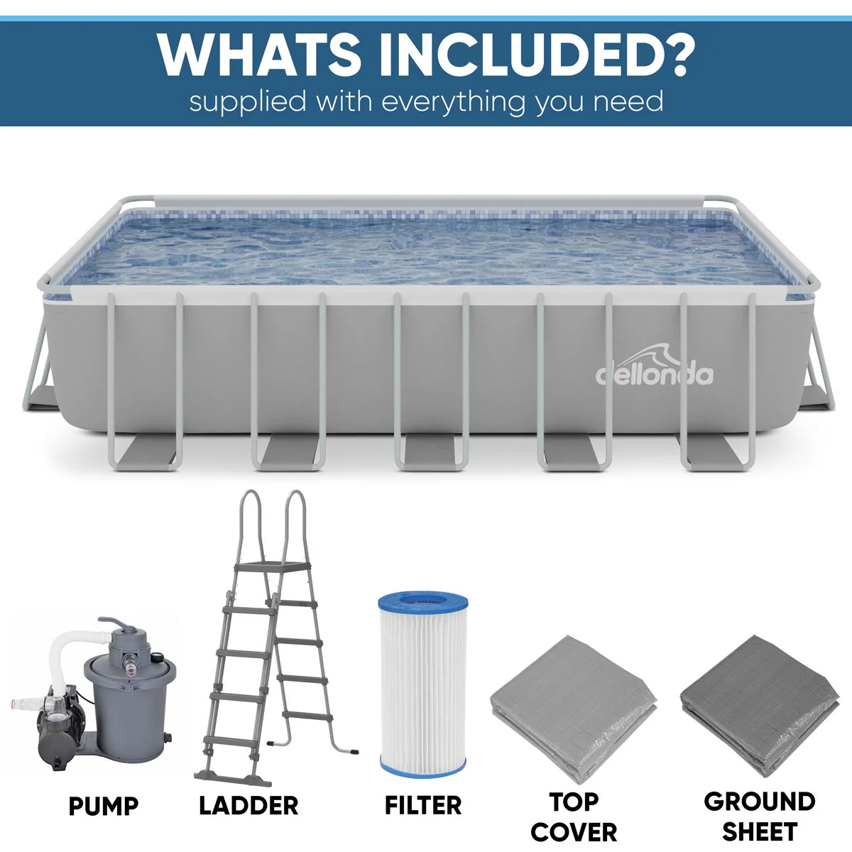 Dellonda Steel Frame Rectangular Swimming Pool - Step Ladder & Filter Pump 21ft - Image 2
