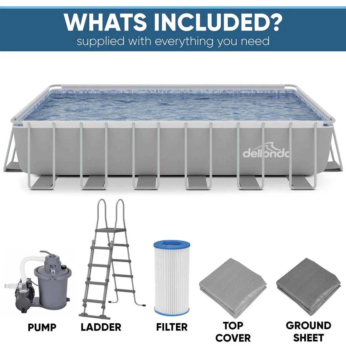 Dellonda Steel Frame Rectangular Swimming Pool - Step Ladder & Filter Pump 25ft - Image 8