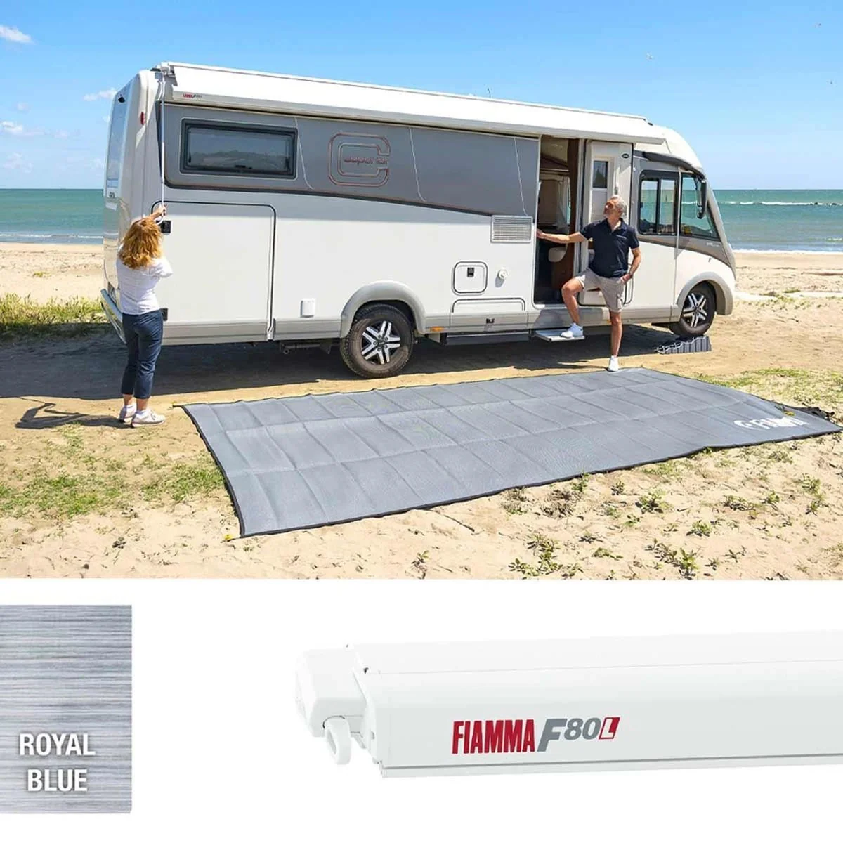 Fiamma F80L 450 Awning Polar White - Royal Blue (07840G03Q) Winch Handle Roof Mounted