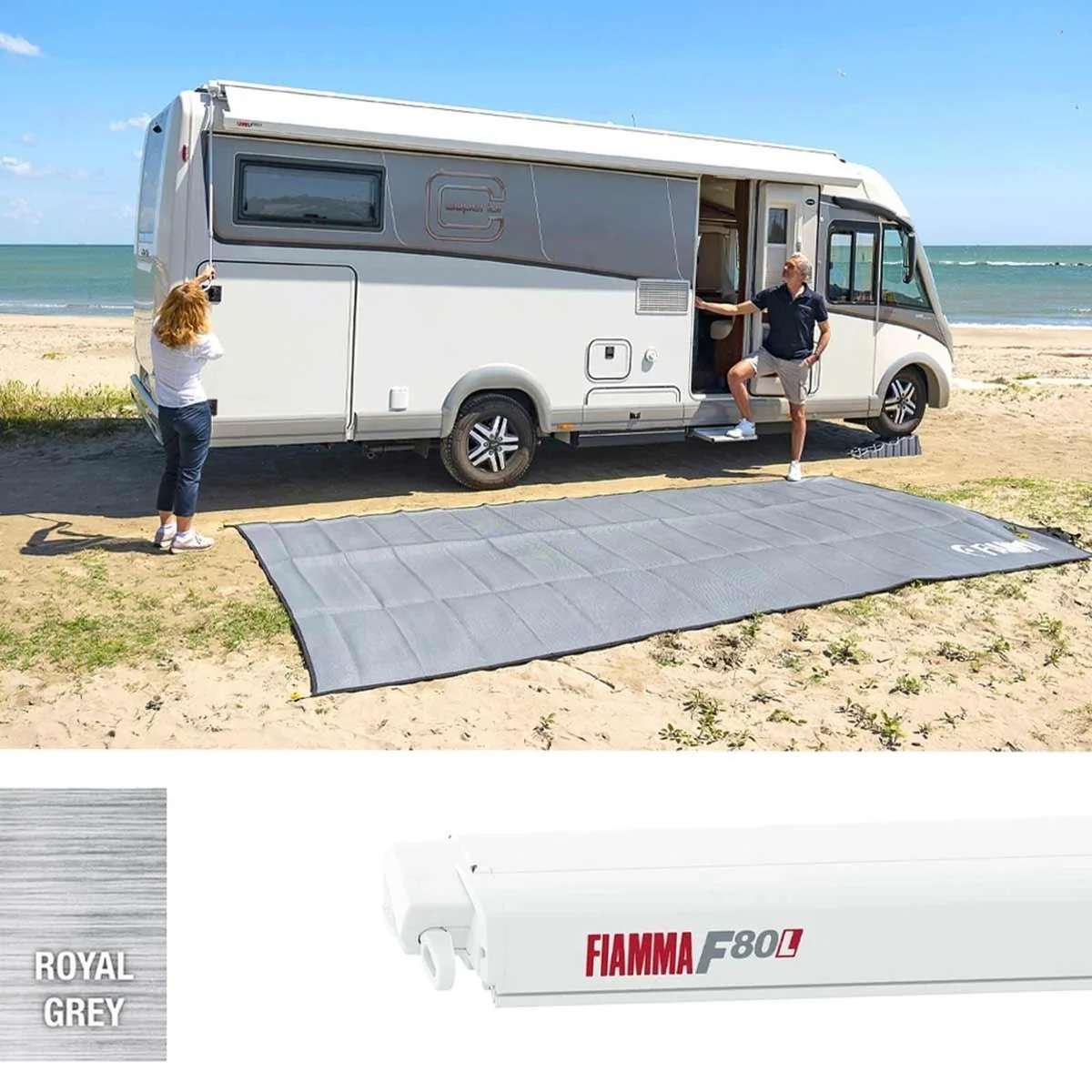 Fiamma F80L 550 Awning Polar White - Royal Grey (07840L03R) Winch Handle Roof Mounted