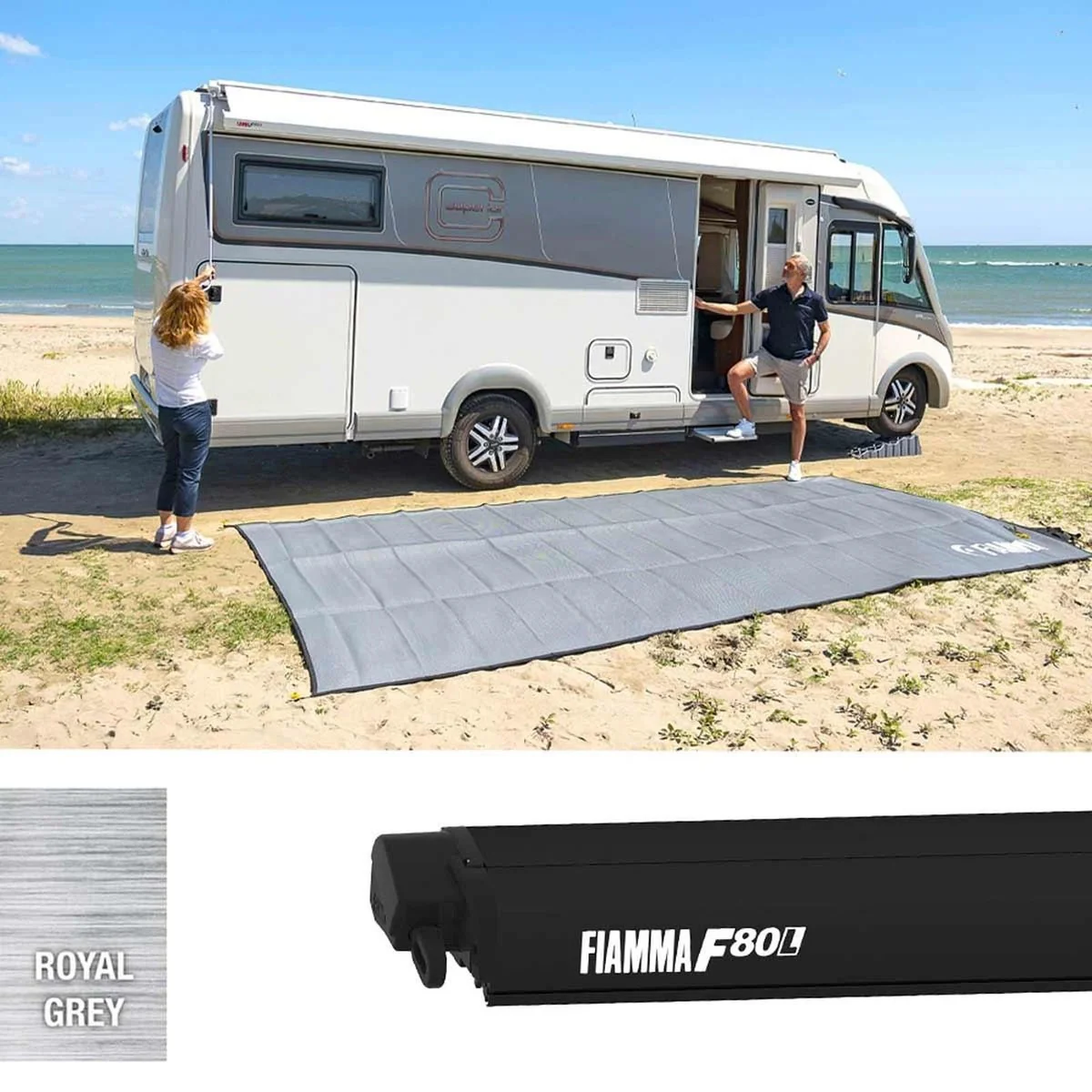 Fiamma F80L 600 Awning Deep Black - Royal Grey (07841M03R) Winch Handle Roof Mounted