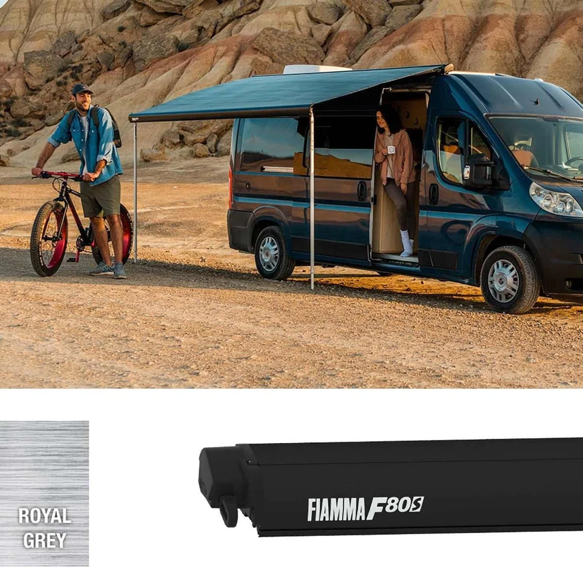 Fiamma F80S 400 Ducato Awning Deep Black - Royal Grey (07831Q03R) Winch Handle Roof Mounted