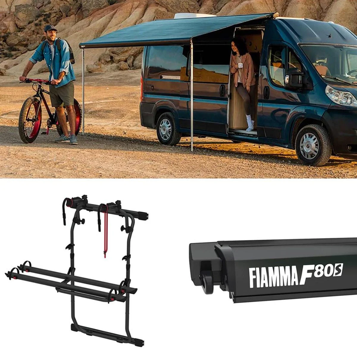Fiamma F80S Awning, Fixing Bracket, Bike Carrier Bundle for Fiat Ducato L3 H2 Vans