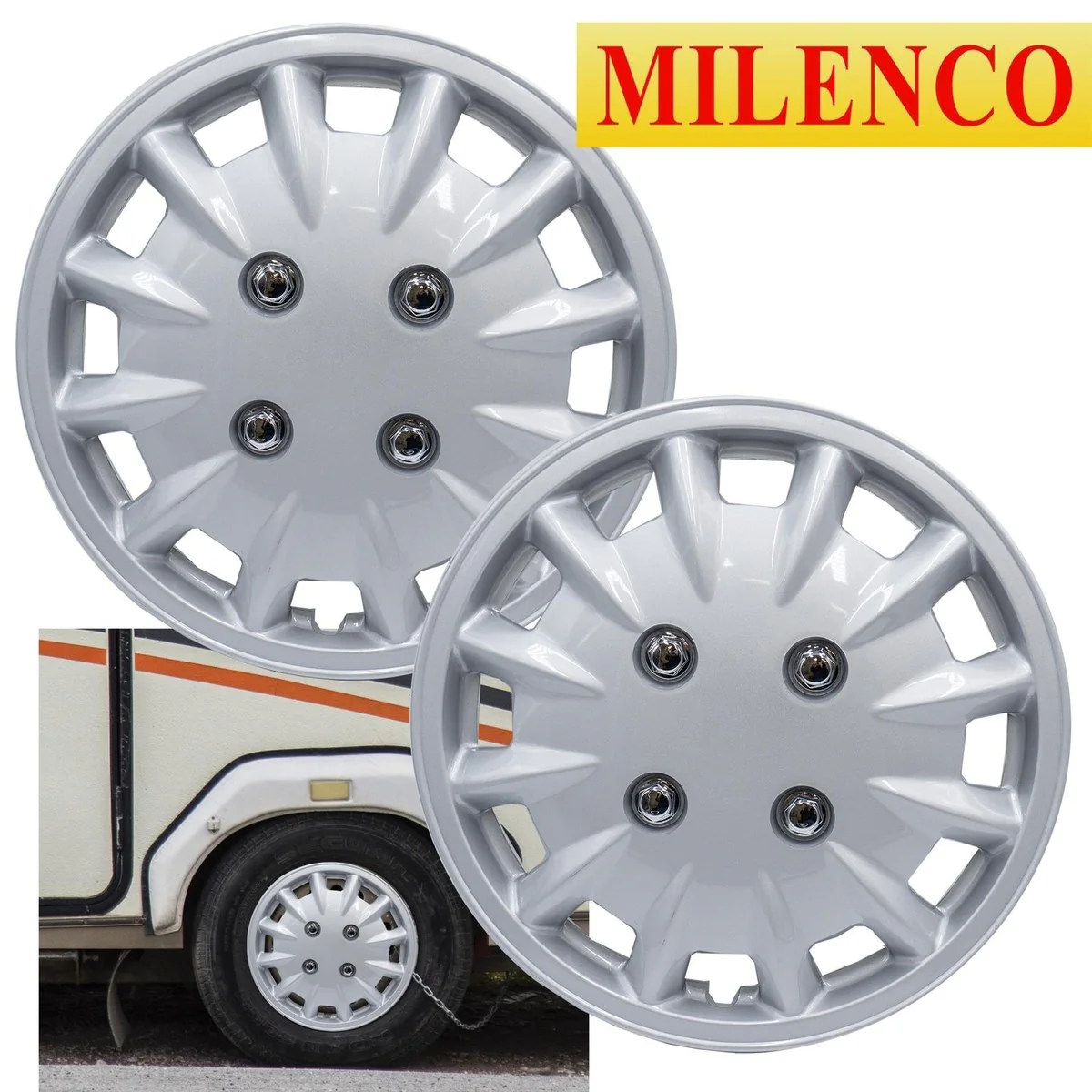 Milenco Silver Wheel Trims Hub Caps 337S 13" Bailey Type Caravan Pair Motorhome