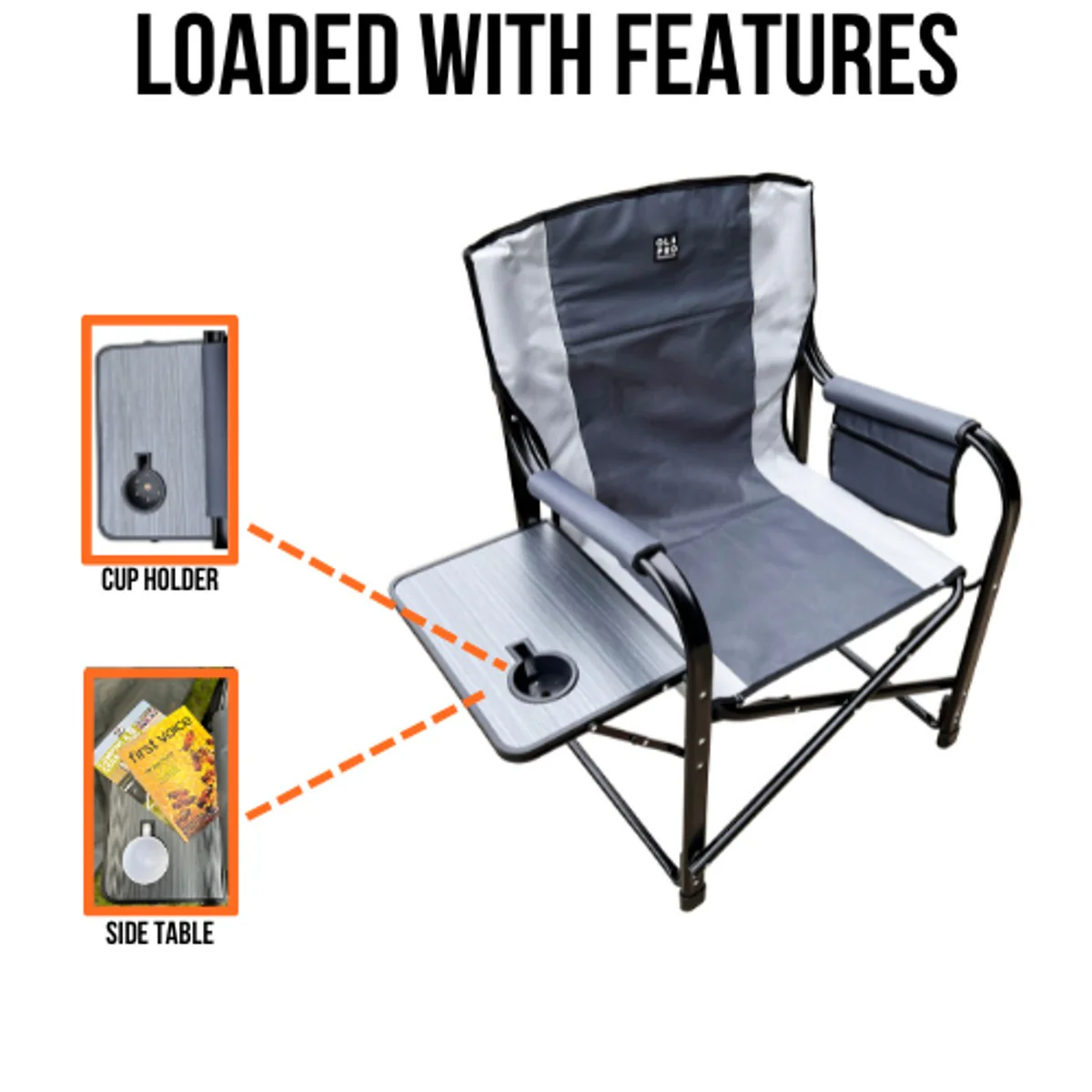 Olpro Directors Chair with side table Grey & Charcoal - Image 3