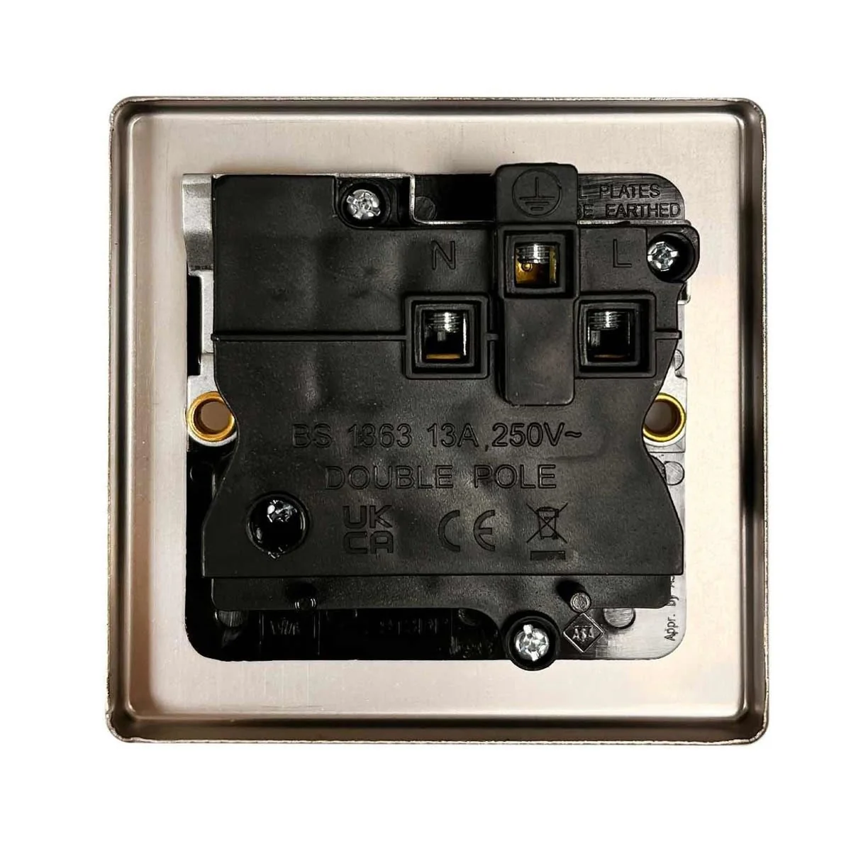 Round Edge Single 13A Double Pole Switched Socket Brushed Steel - Image 2