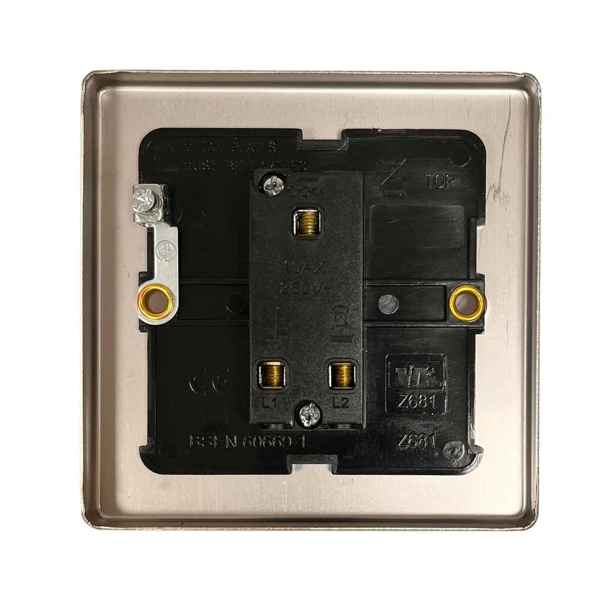 Round Edge Single 2 Way Switch Brushed Steel Finish and Black Inserts - Image 2