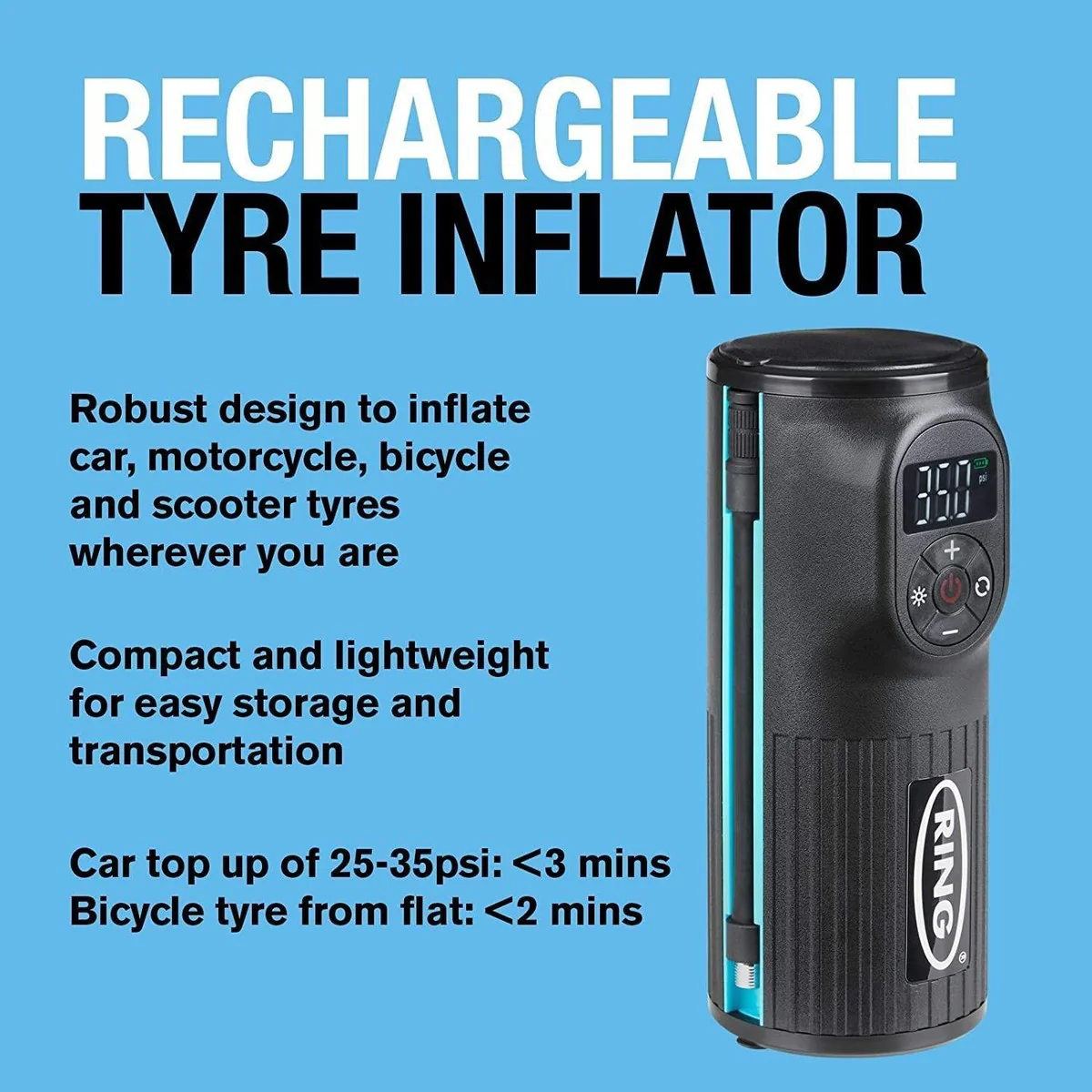 RTC2000 Ring Handheld Digital Tyre Inflator Air Compressor USB LED Cordless - Image 8