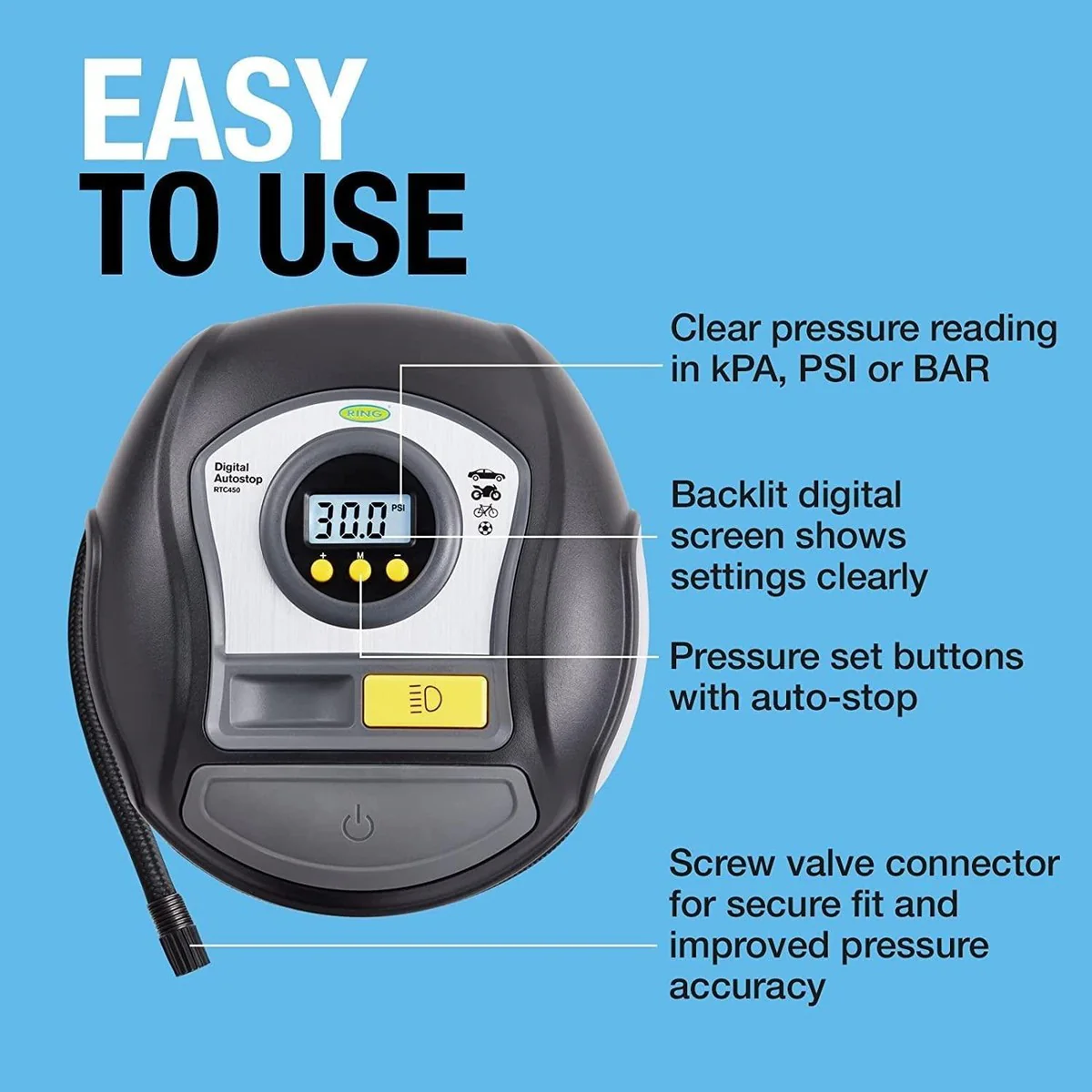 RTC450 Ring Digital Tyre Inflator Air Compressor Wheel Car Pump 12v Auto Stop - Image 10