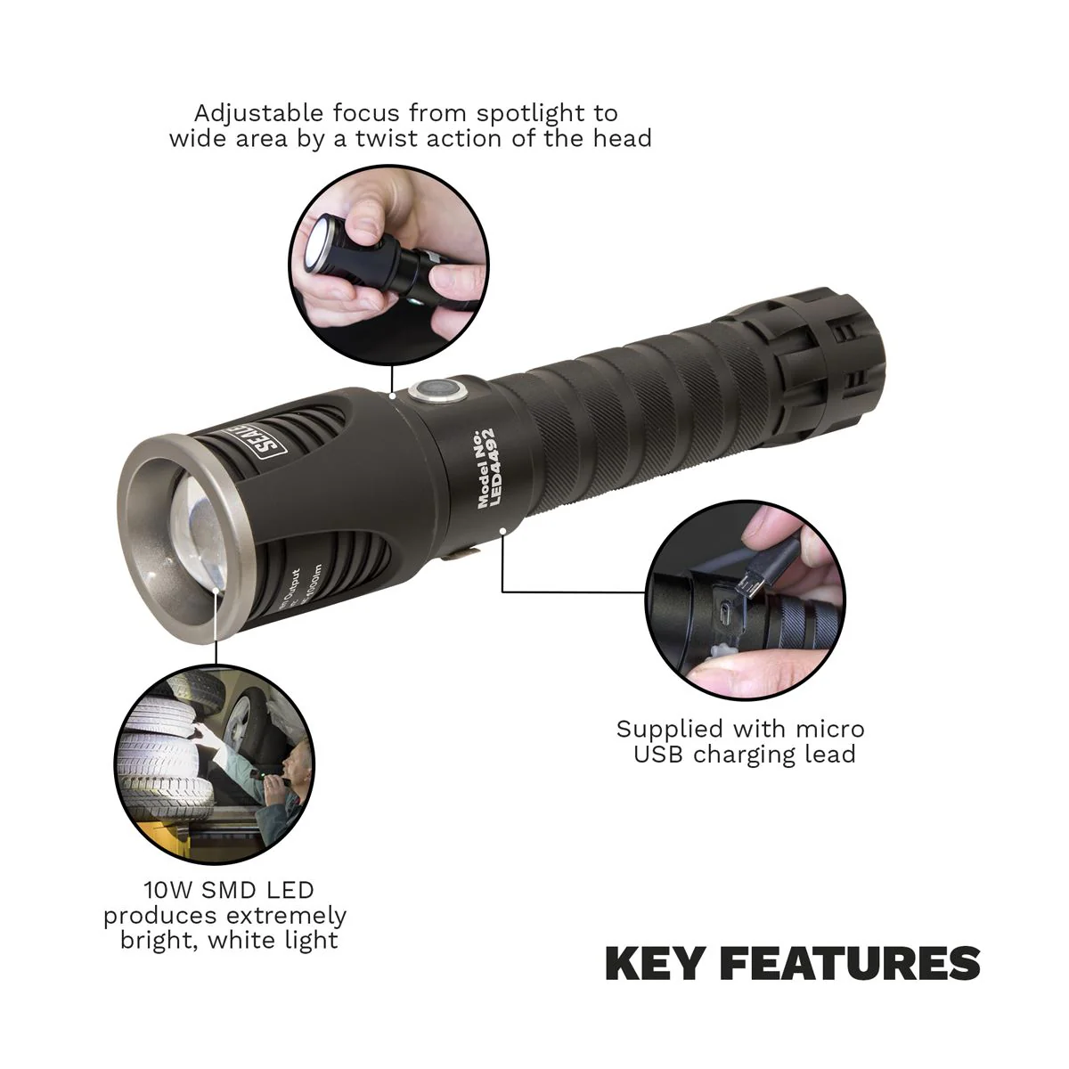 Sealey Aluminium Torch 10W SMD LED Adjustable Focus Rechargeable with USB Port - Image 2