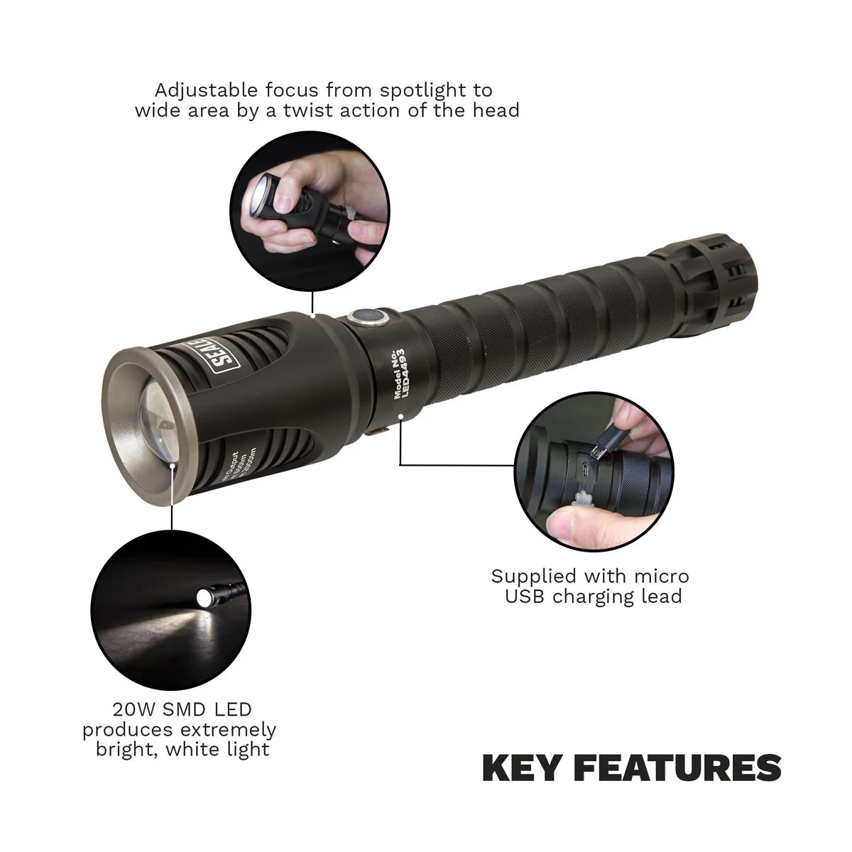 Sealey Aluminium Torch 20W SMD LED Adjustable Focus Rechargeable with USB Port - Image 9