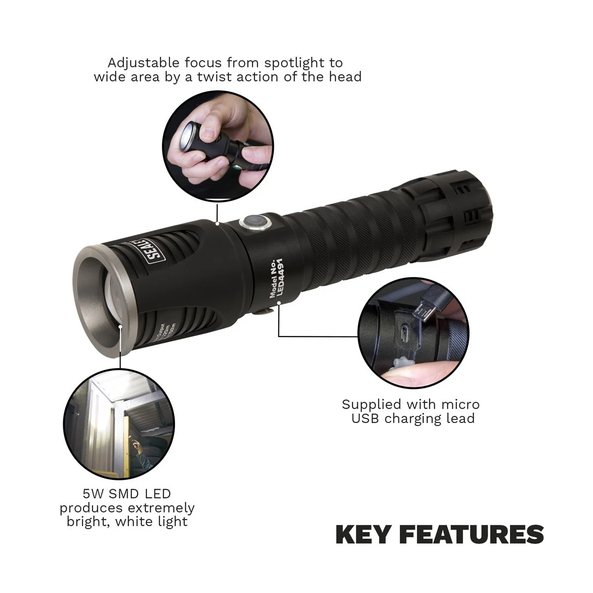 Sealey Aluminium Torch 5W SMD LED Adjustable Focus Rechargeable with USB Port - Image 2