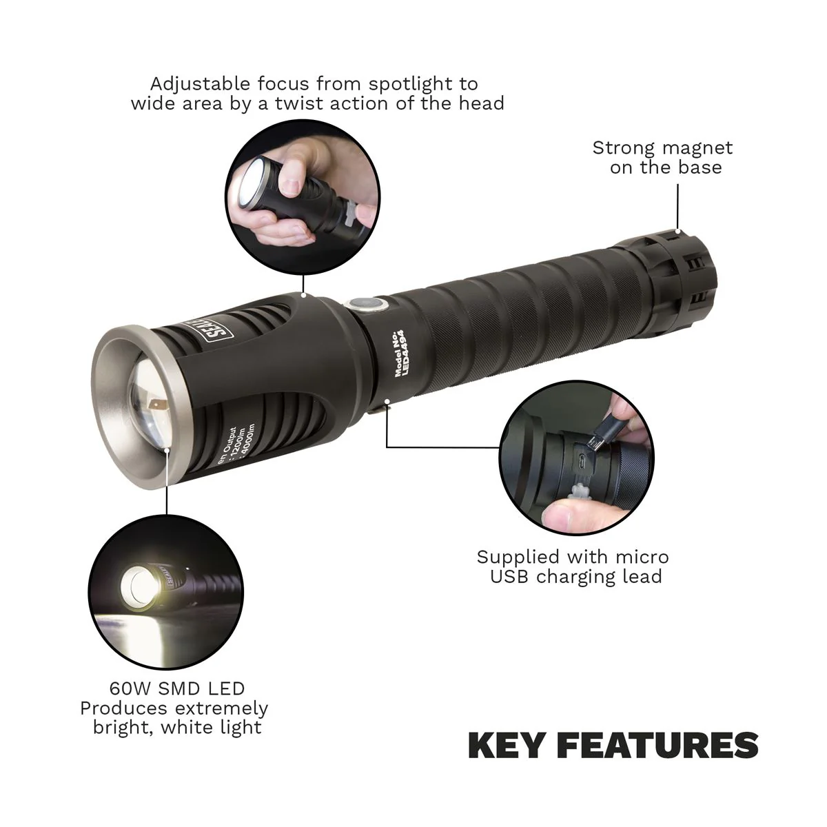 Sealey Aluminium Torch 60W COB LED Adjustable Focus Rechargeable with USB Port - Image 3