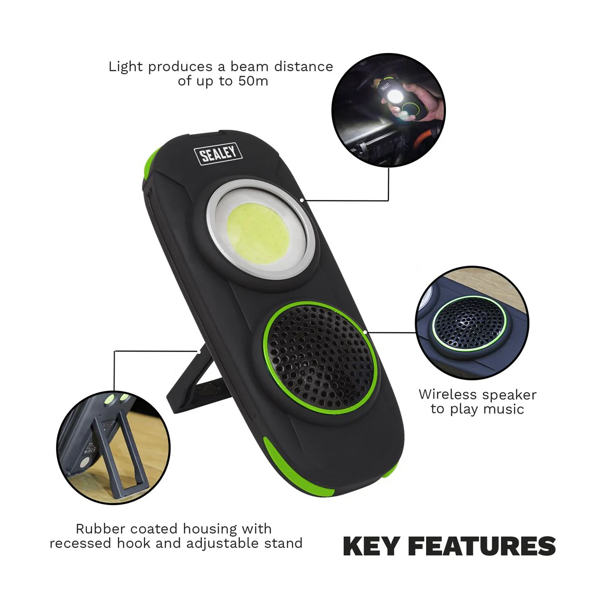 Sealey Rechargeable Torch Light Wireless Speaker 10W COB LED 500 Lumens Lamp - Image 2