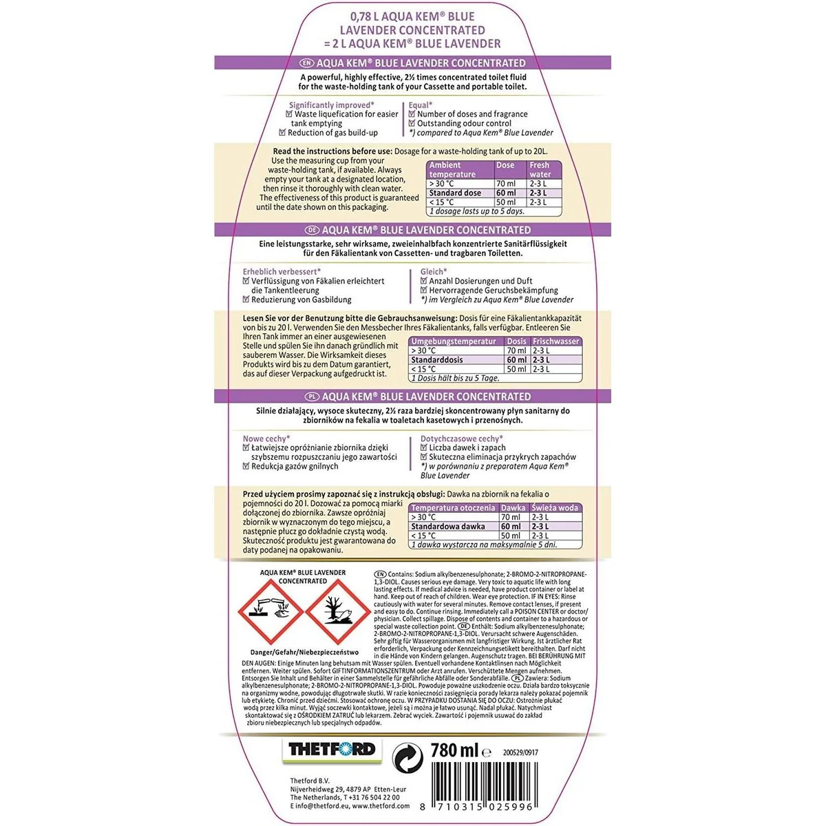 Thetford Aqua Kem Blue Lavender 780Ml Concentrate Toilet Cassette Fluid - Image 3